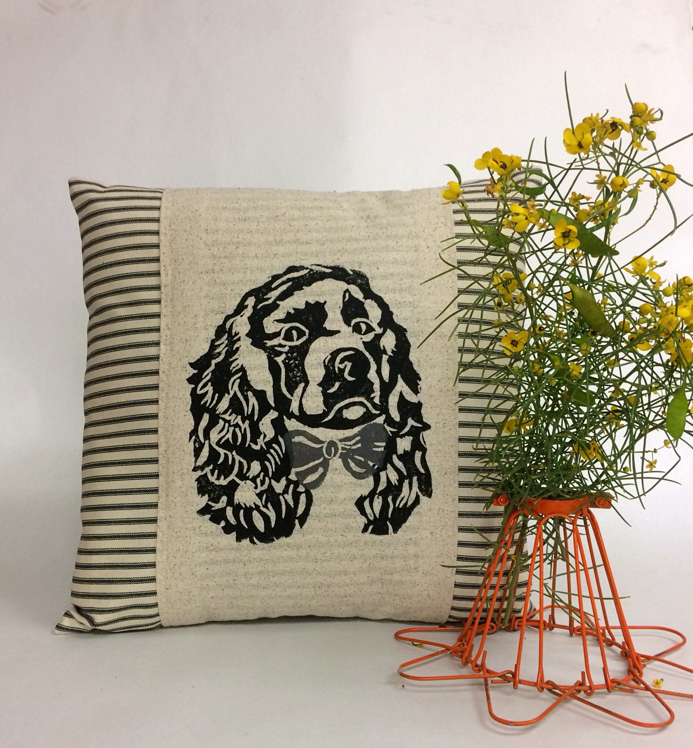 Hand Block Print Cocker Spaniel Pillow Cover: Ticking Stripe Accent Pillow