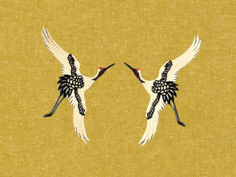 Embroidered Crane Linen Pillow: Caramel Brown, Black and Ivory Bird Applique