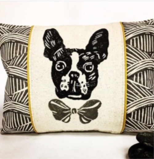 Boston Terrier Pillow: Hand-Printed Dog Portrait Decorative Pillow