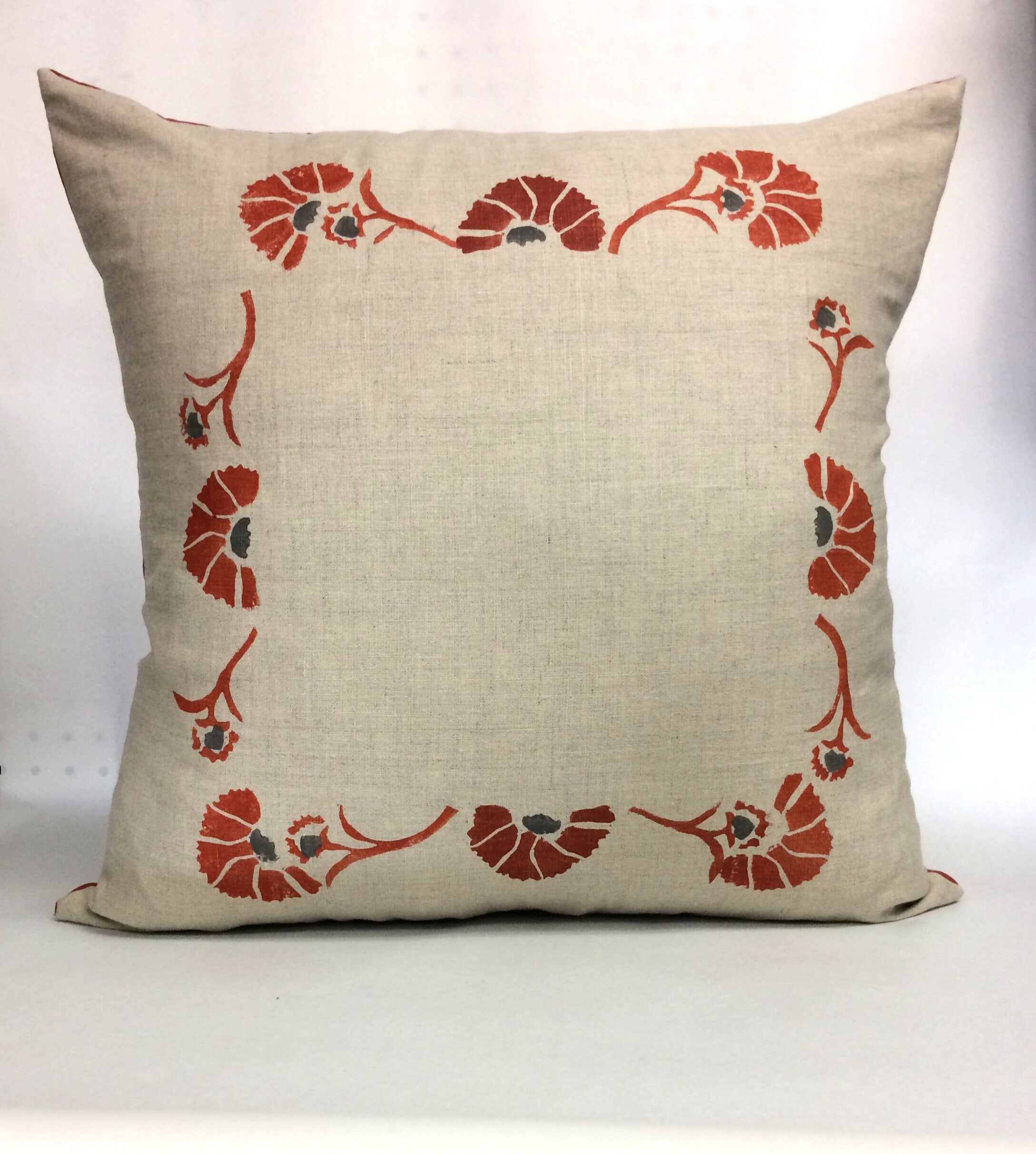 Floral Block Print Linen Pillow: Tuscan Orange & Grey Accent