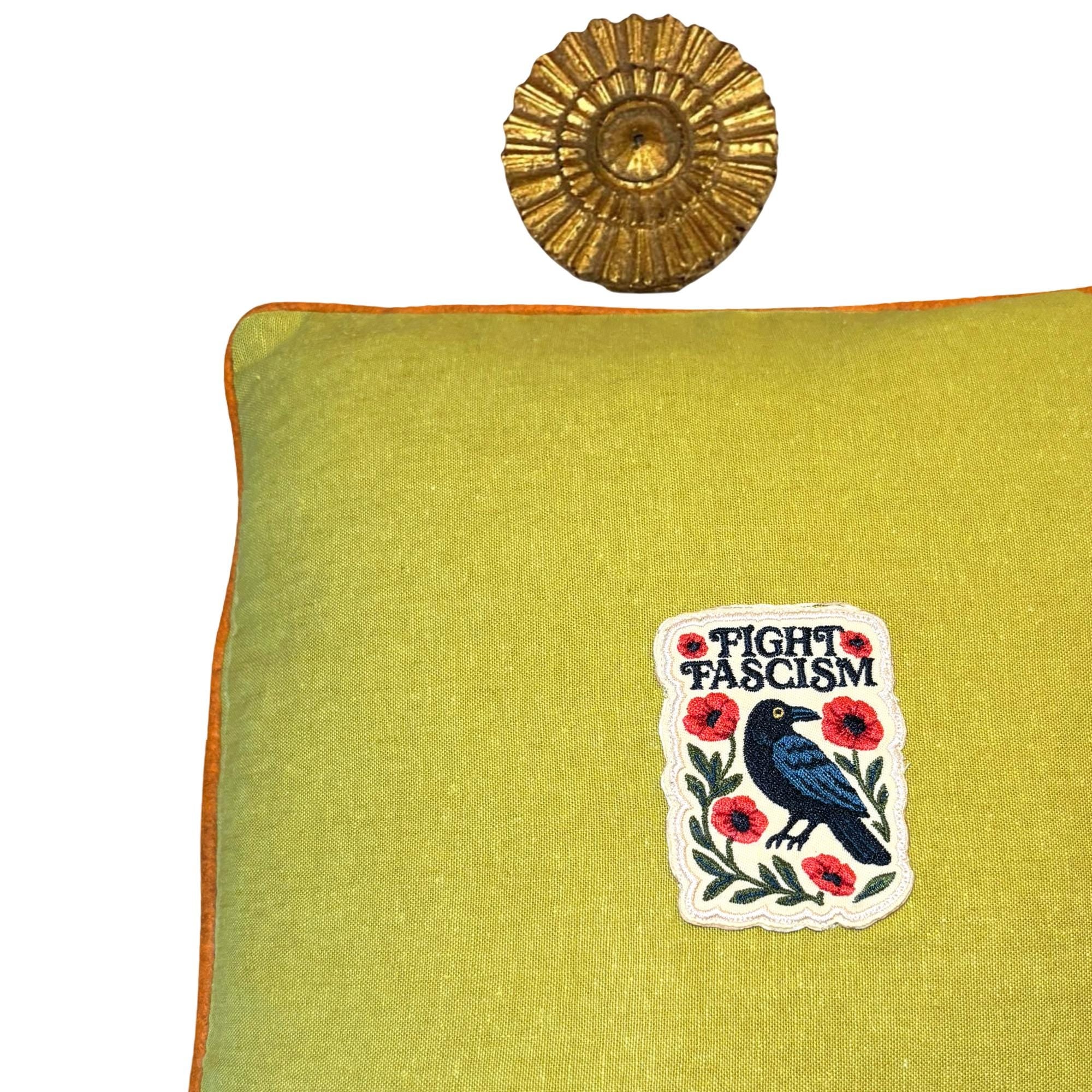 Fight Fascism Raven Embroidery Pillow