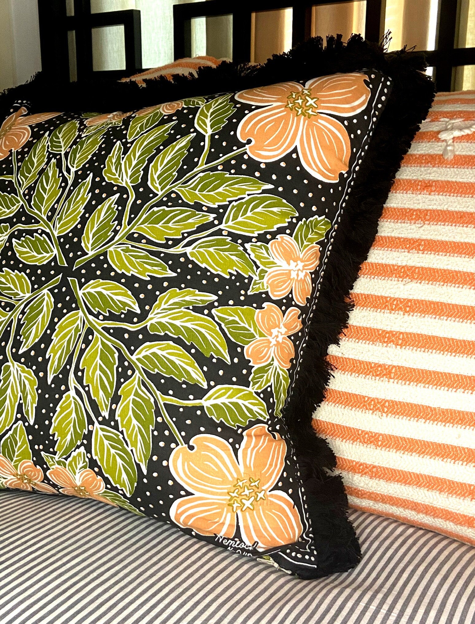 Floral Print Pillow: Black Cotton with Peach Flowers & Brush Fringe