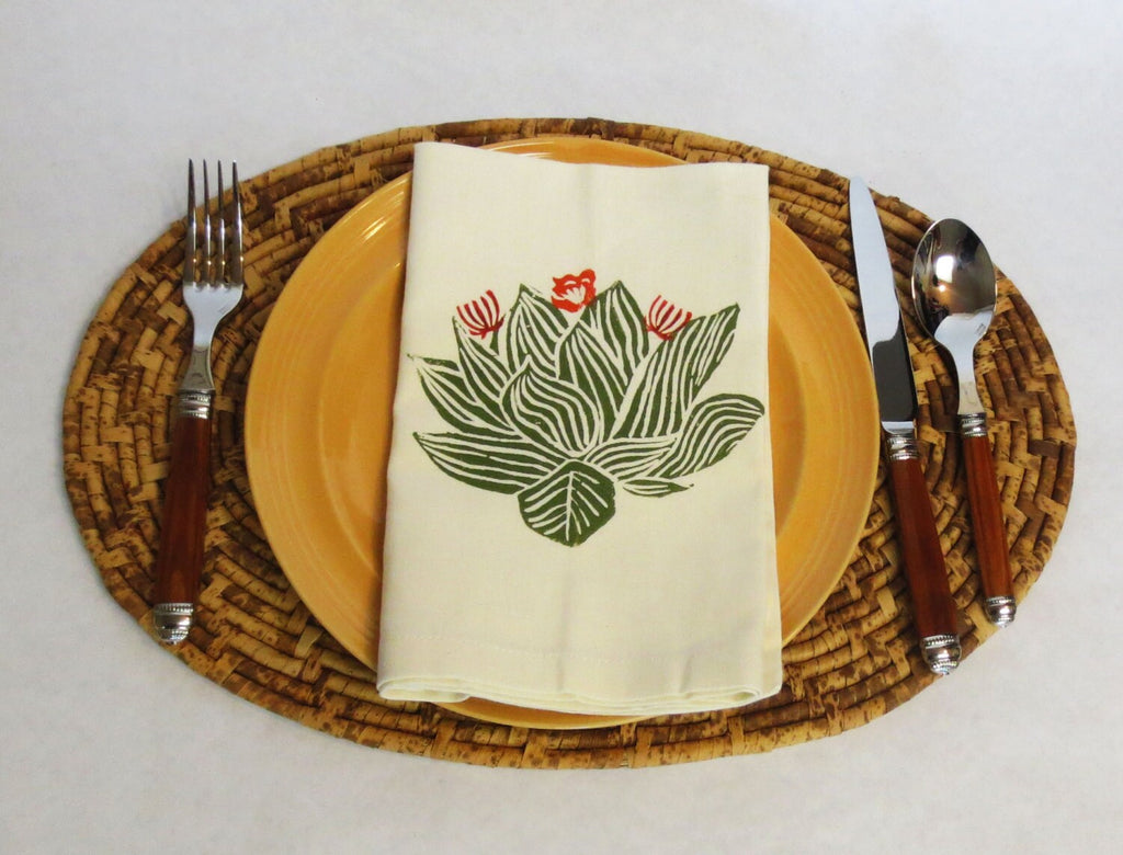 Hand Printed Cactus Napkins: Ivory Cotton Desert Table Linens, Set of 4