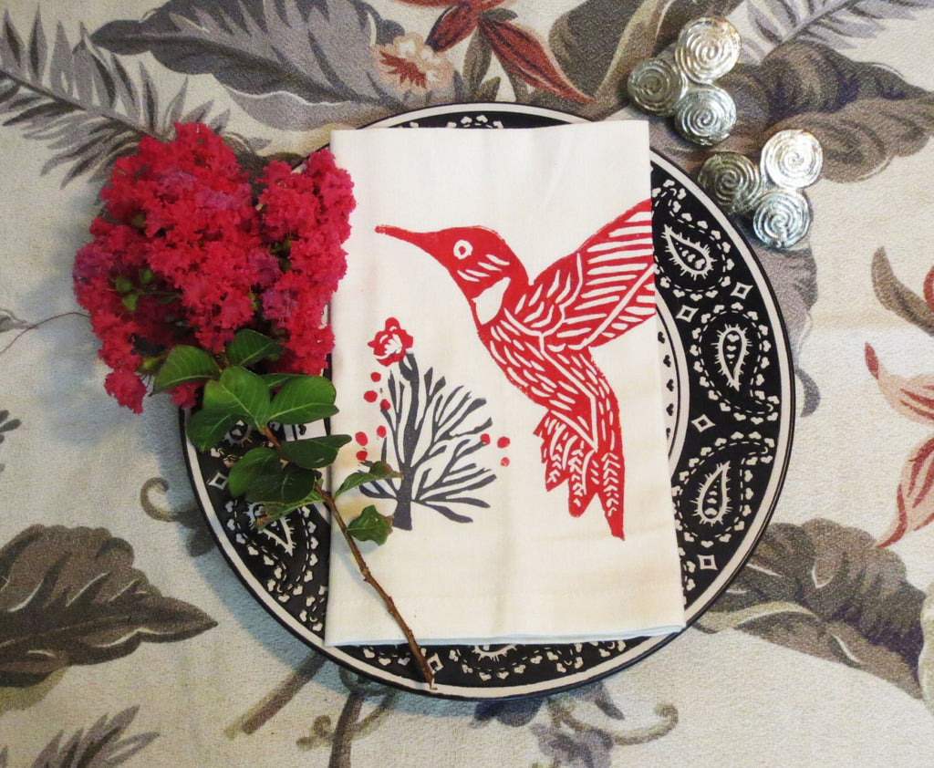 Hand Printed Hummingbird Cotton Napkins - Set of Four
