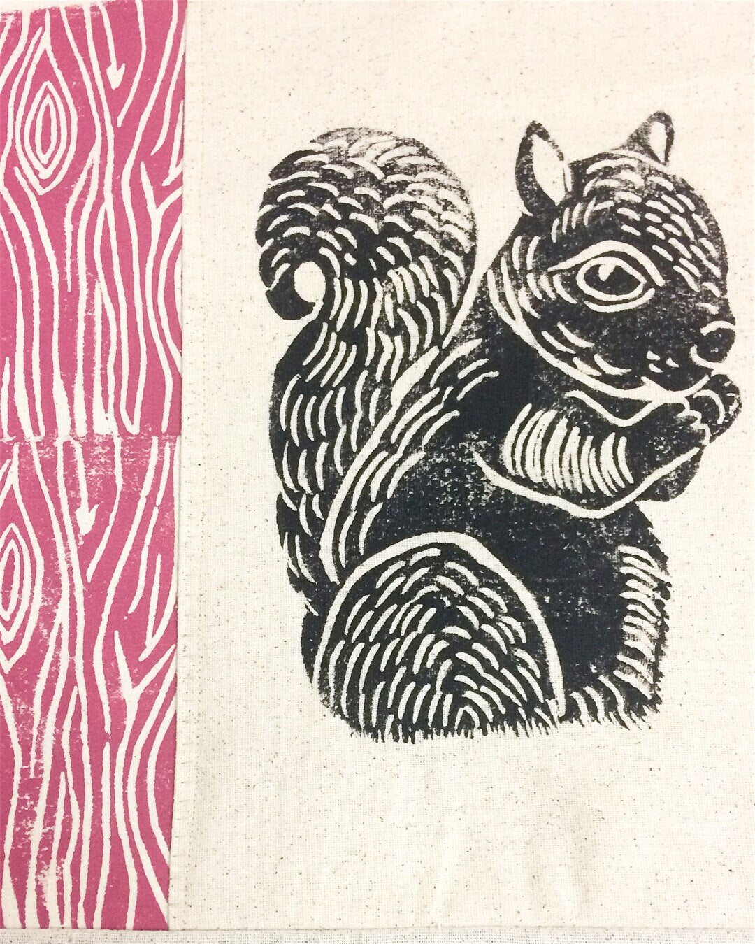 Squirrel Print Pillow: Woodland Wood Grain Design