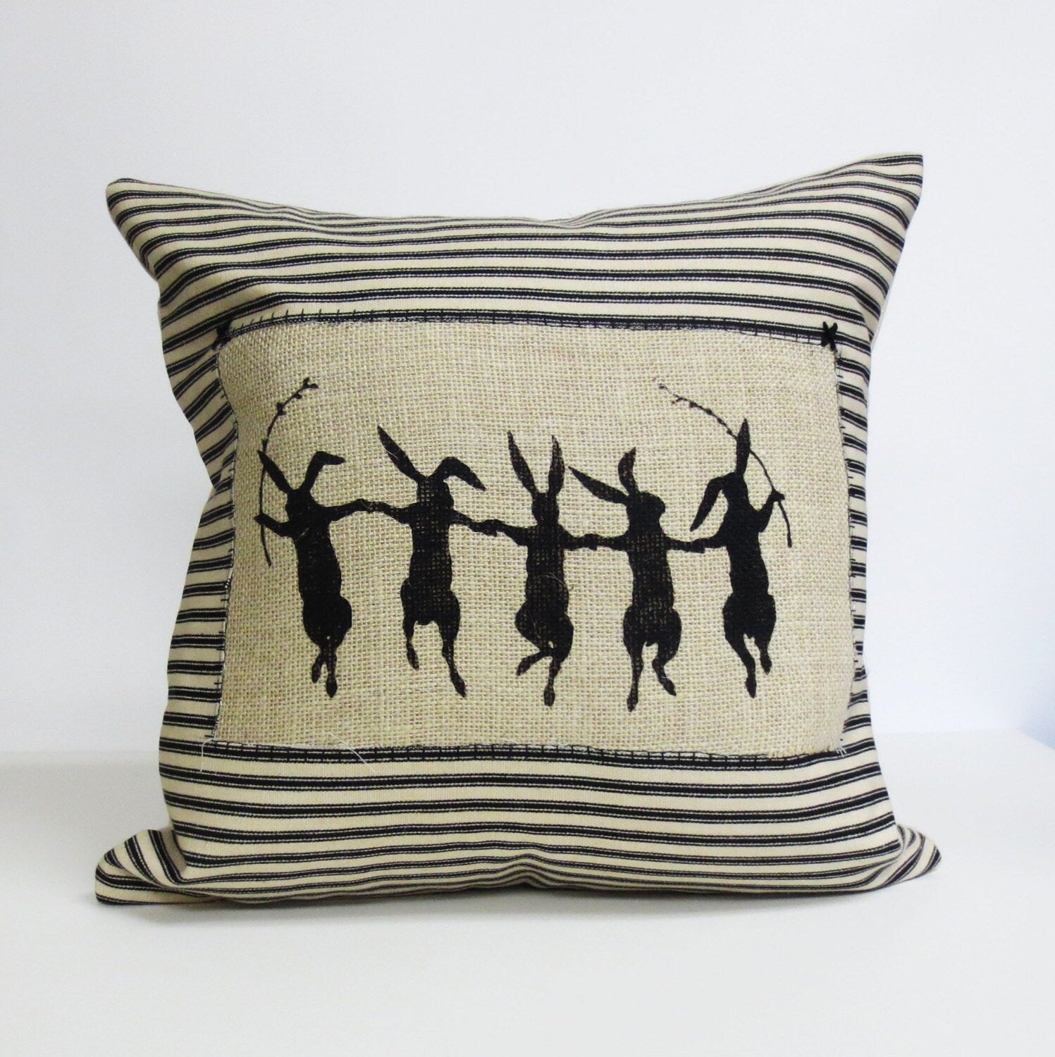 Dancing Hare Pillow Cover: Black Stripe Rabbit Print Cushion