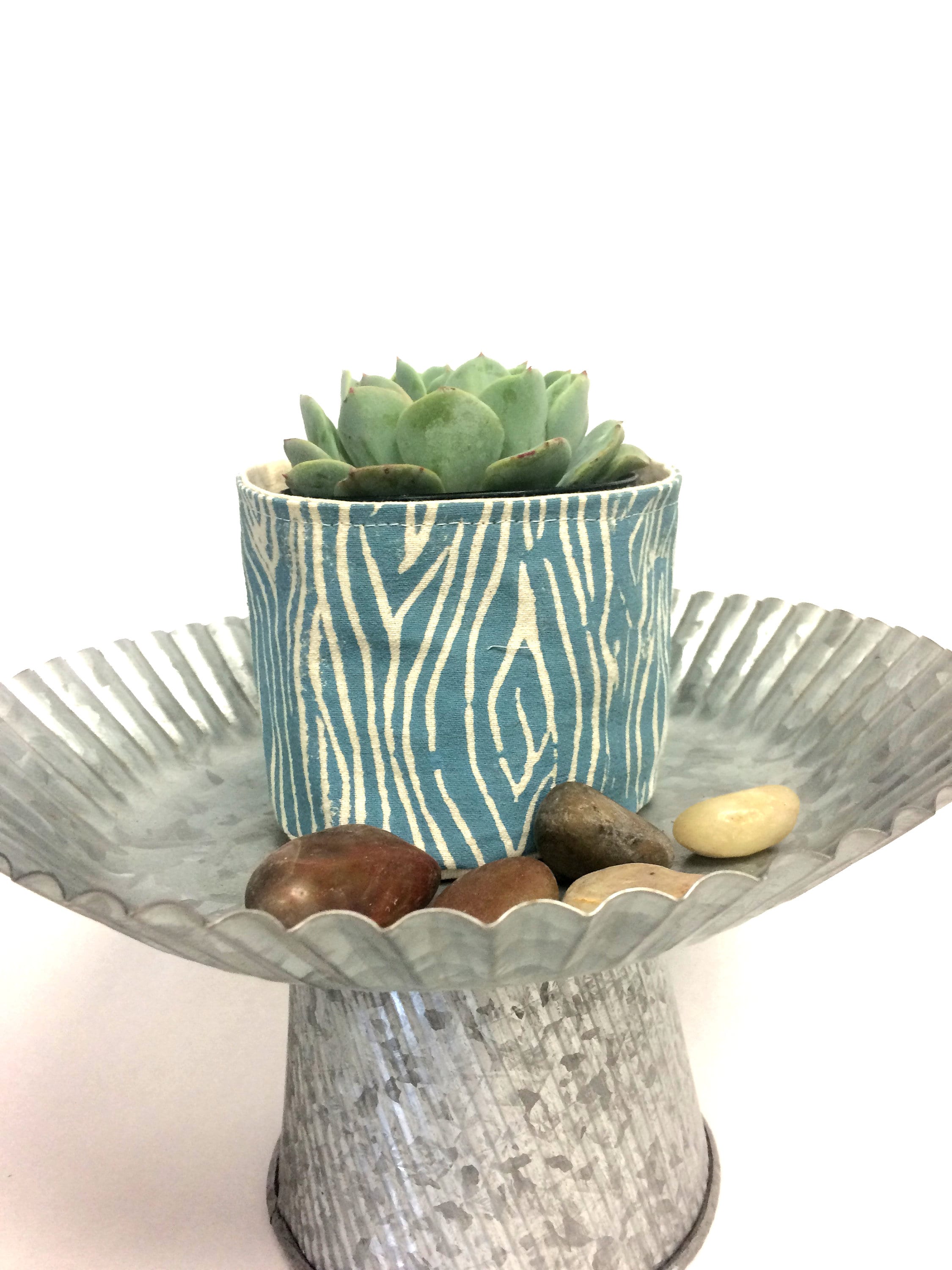 Wood Grain Print Fabric Plant Pot: Blockprinted Organic Cotton Sleeve