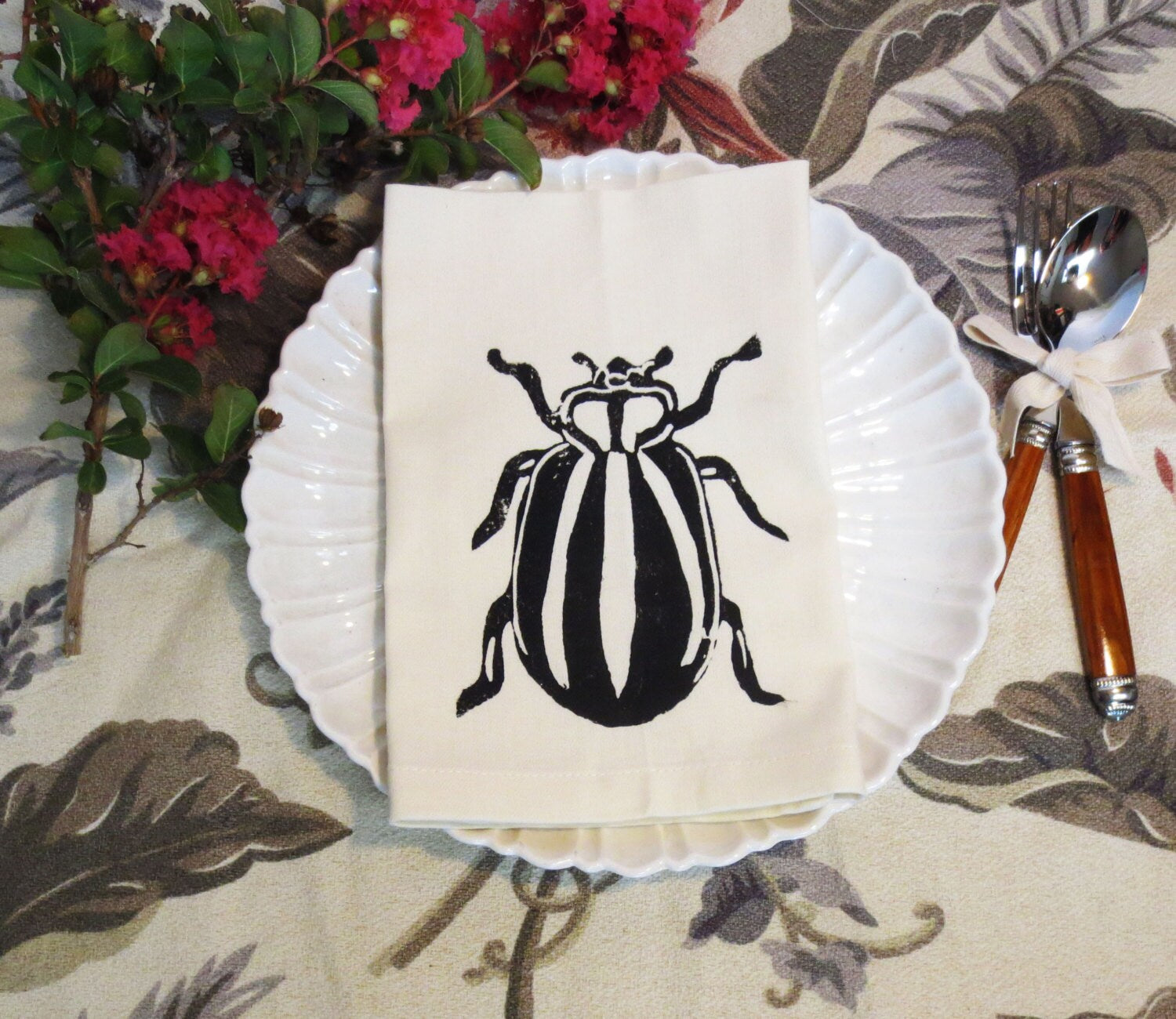 Set of Four Ivory Cotton Napkin with Hand Print Beetle Design / Hostess Gift