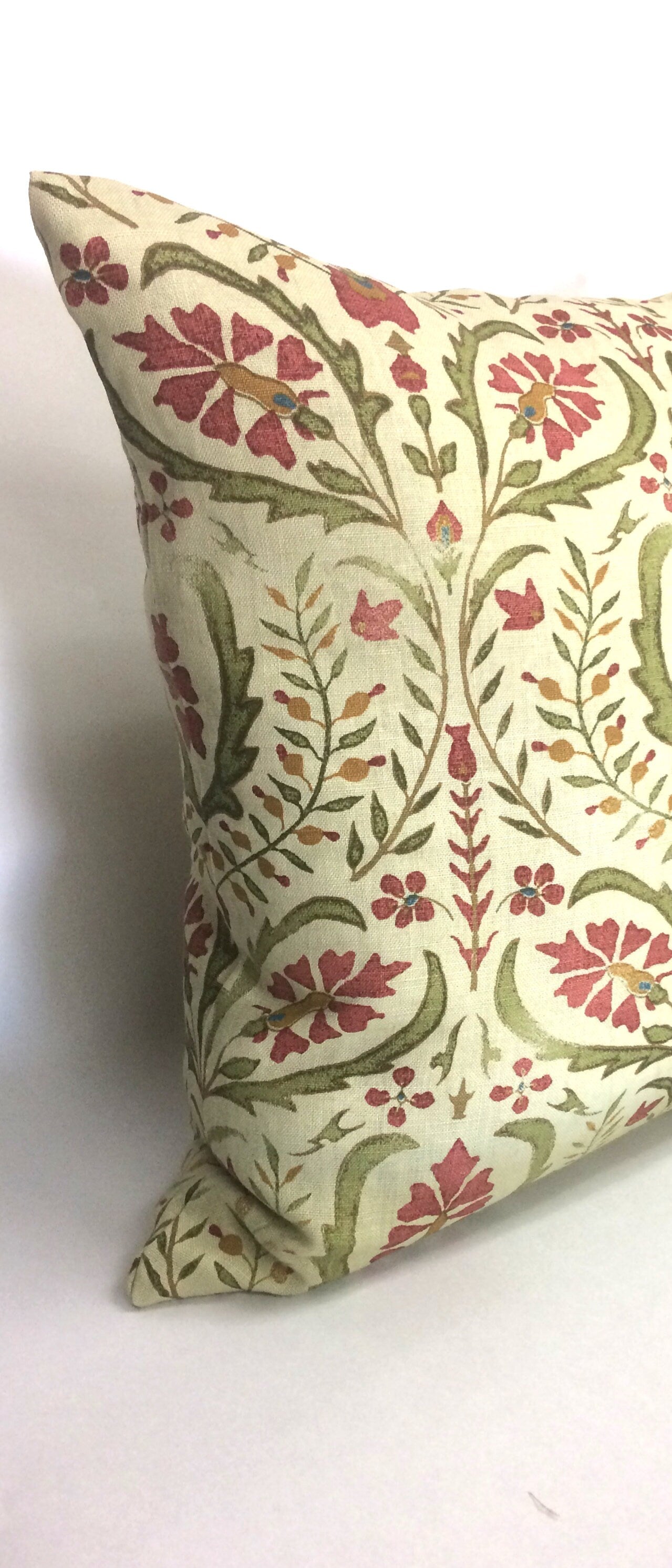 Suzani Print Linen Pillow: French Antique Style, Greens & Pinks (20x20)