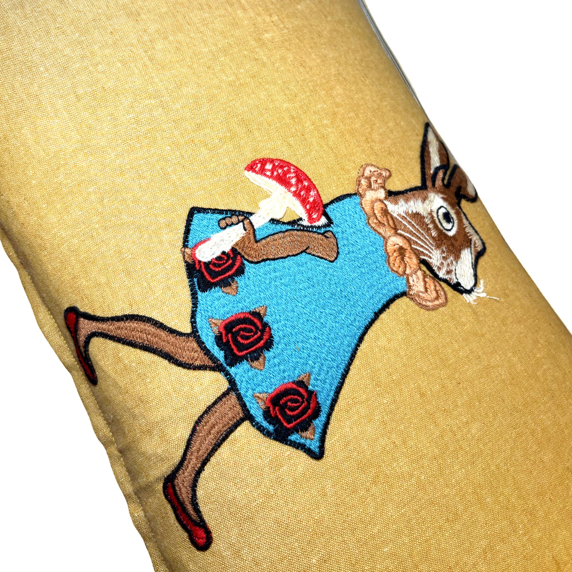 Rabbit Embroidery Pillow: Whimsical Linen Woodland Cushion