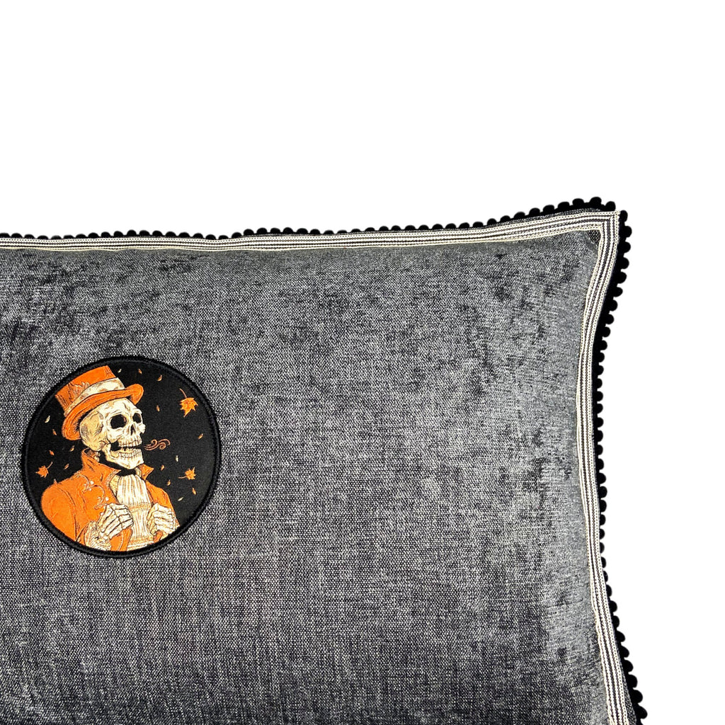 Halloween Chenille Lumbar Pillow: Steampunk Skeleton Skull Embroidery