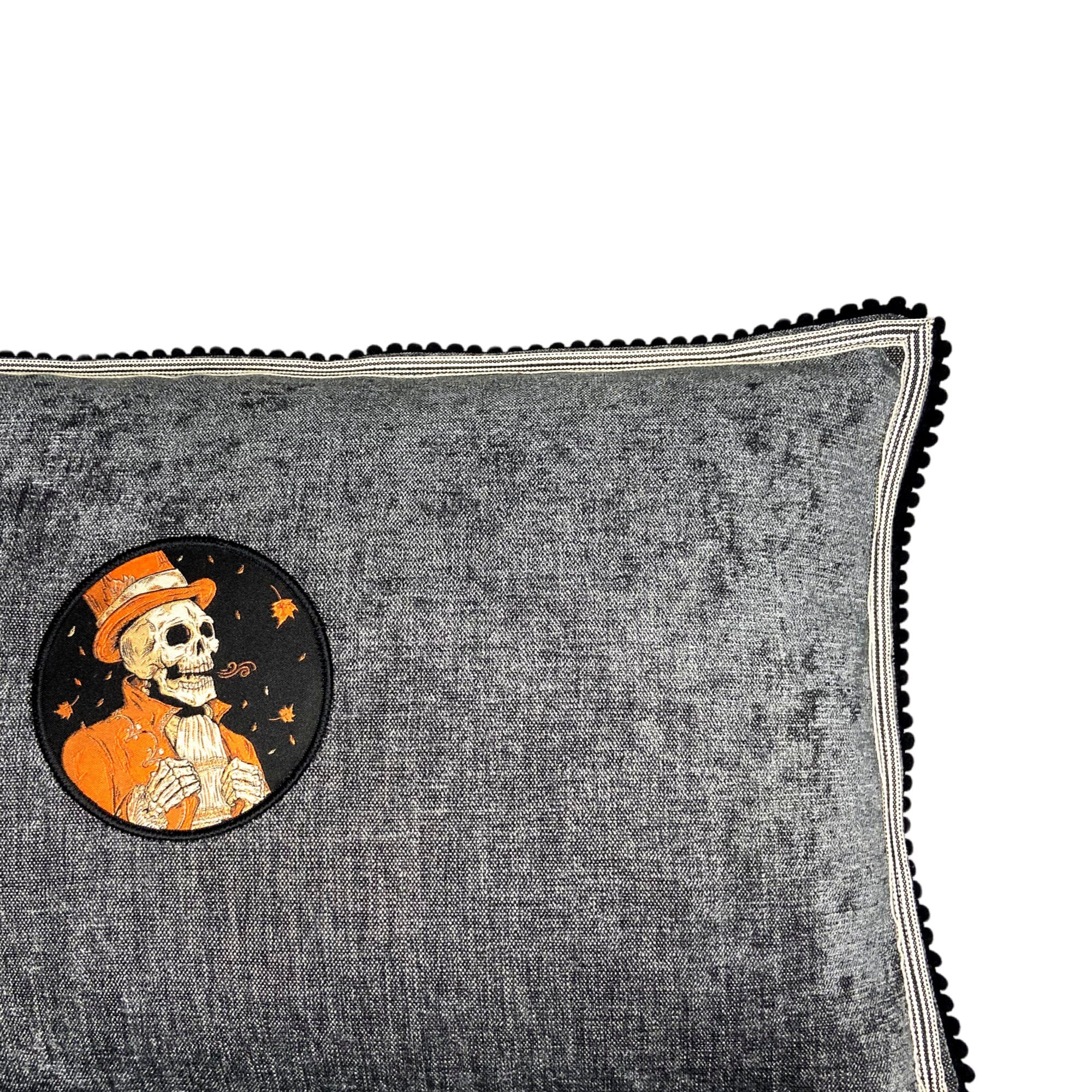 Halloween Chenille Lumbar Pillow: Steampunk Skeleton Skull Embroidery