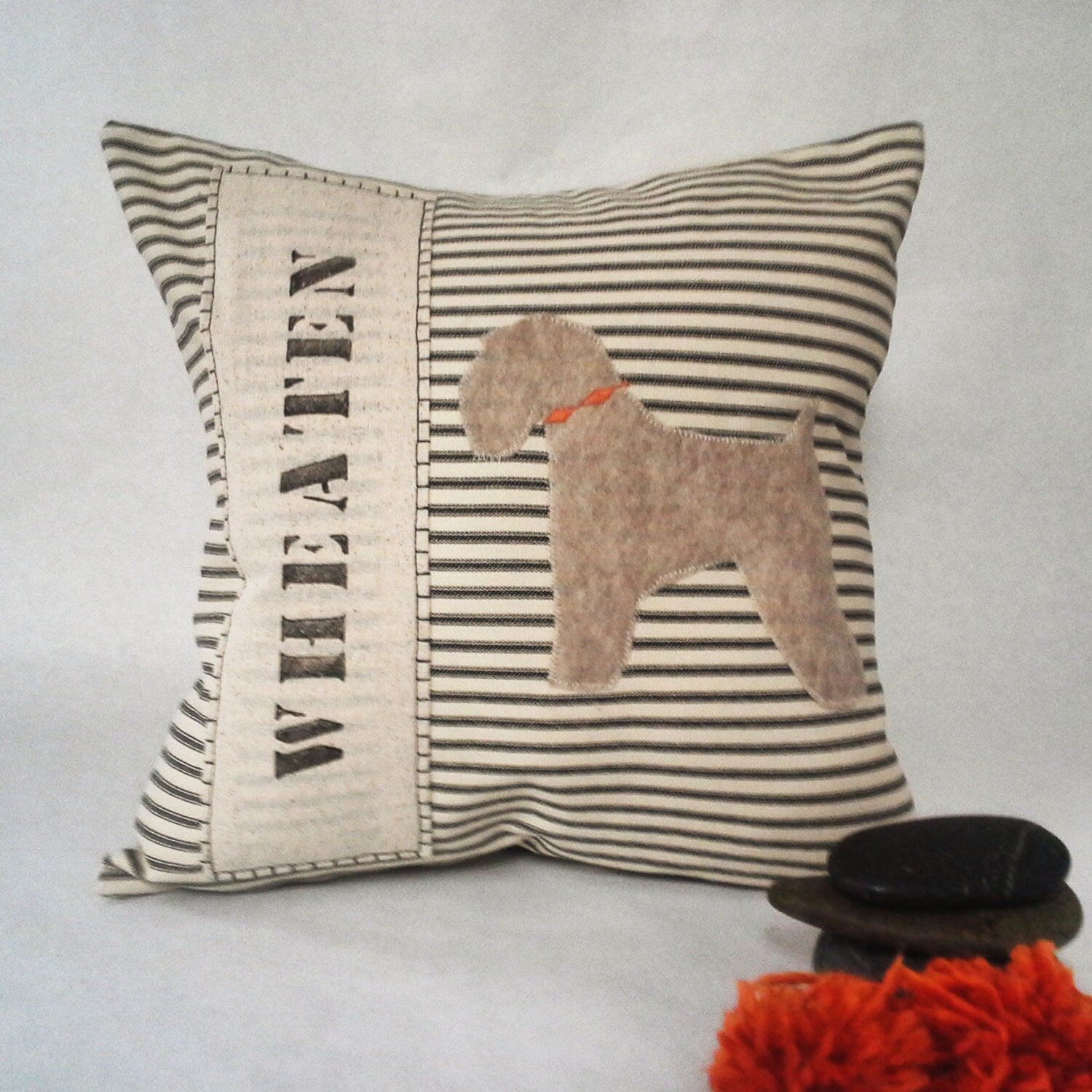 Wheaten Terrier Pillow: Ticking Stripe Dog Silhouette, Custom Name Available
