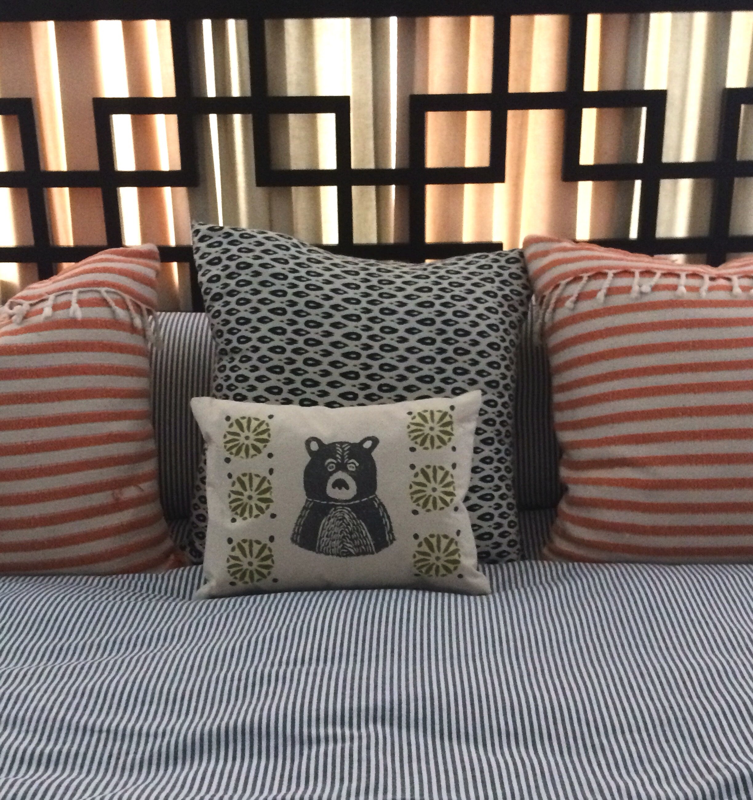 Mid-Century Bear Print Pillow: Grey Bear, Citrine Green Geometric Design