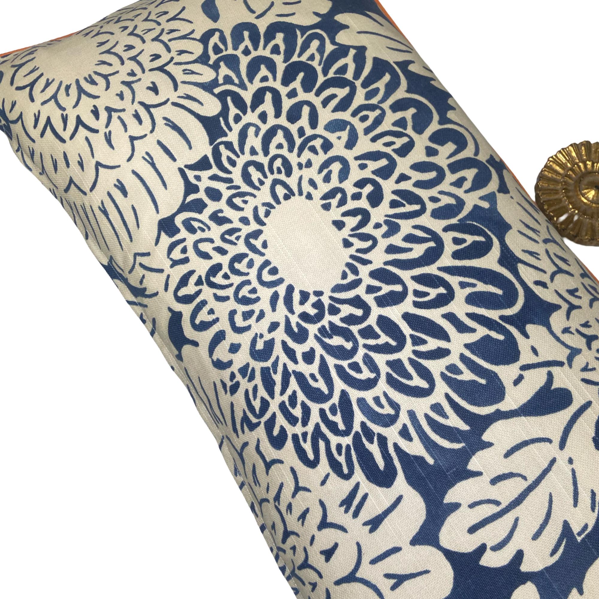 Blue Floral Print Kidney Pillow: Kravet Cotton, Orange Cord Trim
