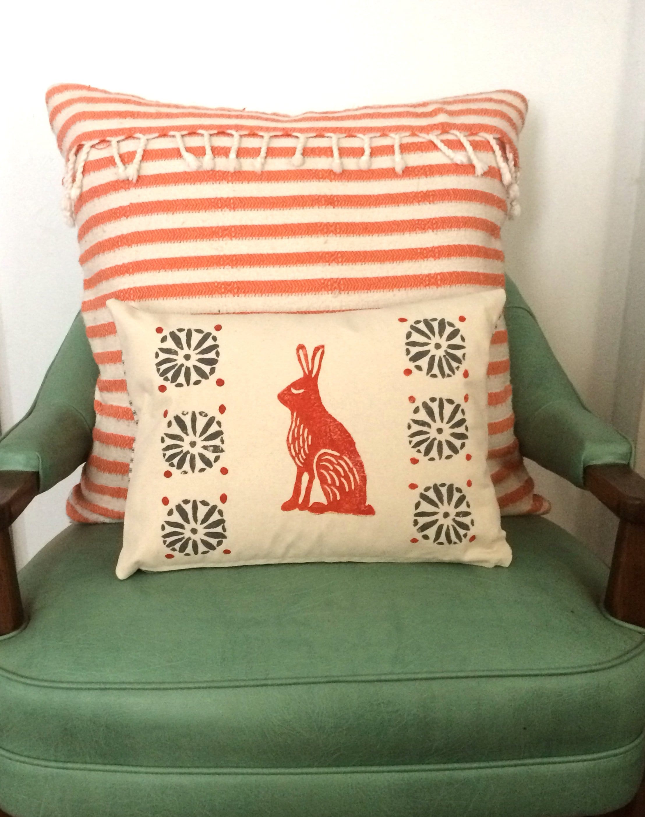 Orange Rabbit Print Kidney Pillow: Mid-Century Moroccan Decor