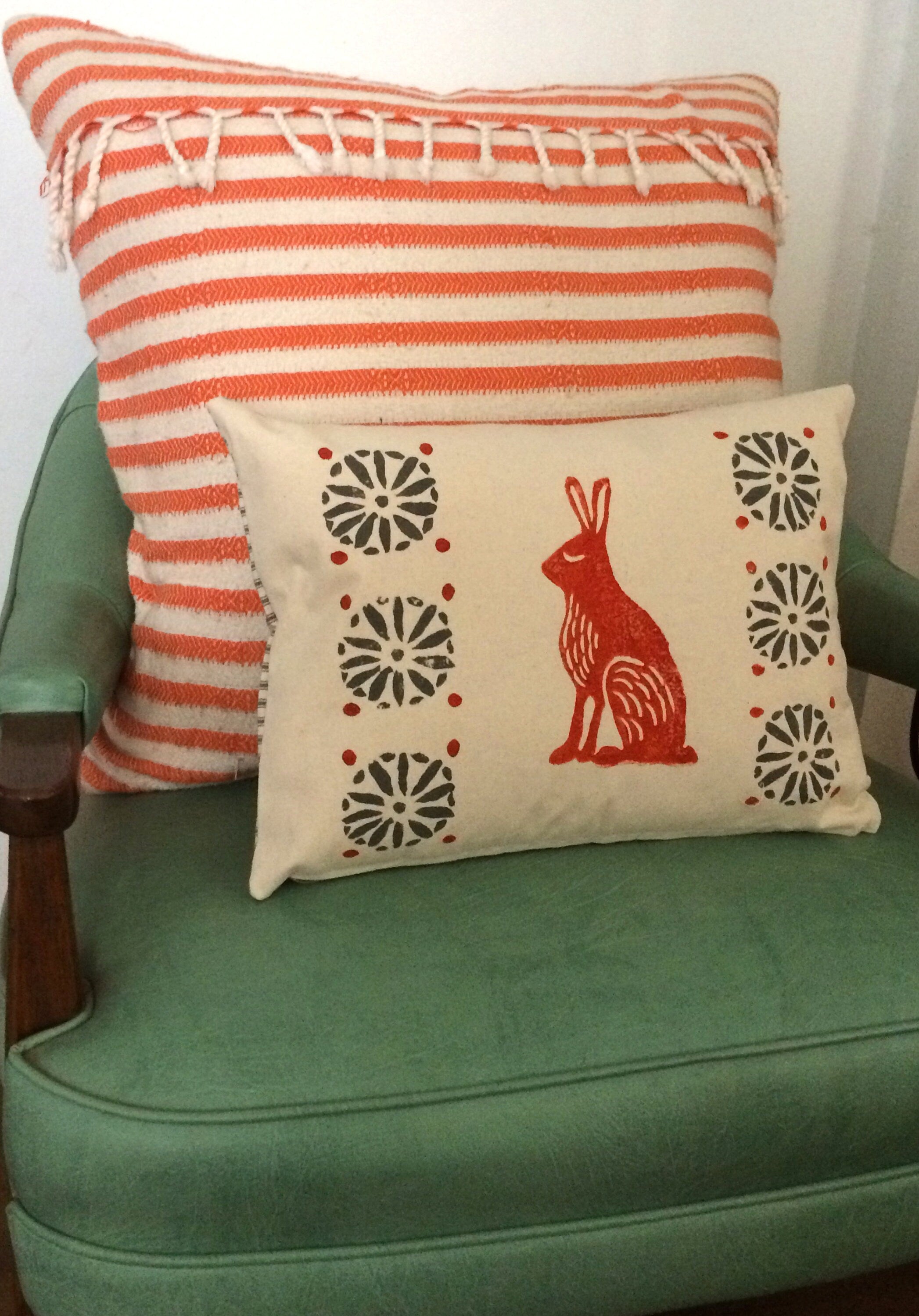 Orange Rabbit Print Kidney Pillow: Mid-Century Moroccan Decor