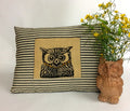 Hand Printed Owl Pillow Cover: Black Beige Ticking Stripe, Gold Collar