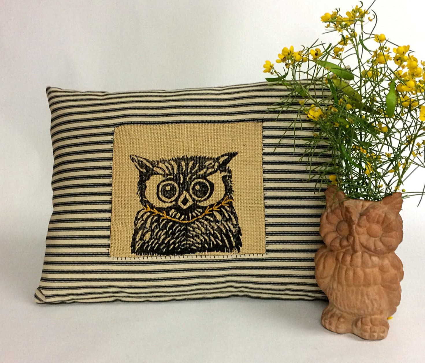 Hand Printed Owl Pillow Cover: Black Beige Ticking Stripe, Gold Collar