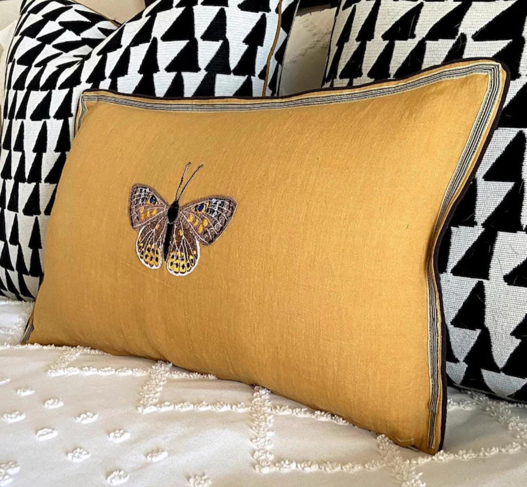 Butterfly Golden Yellow Embroidered  Linen Pillow - Embroidery Pillow
