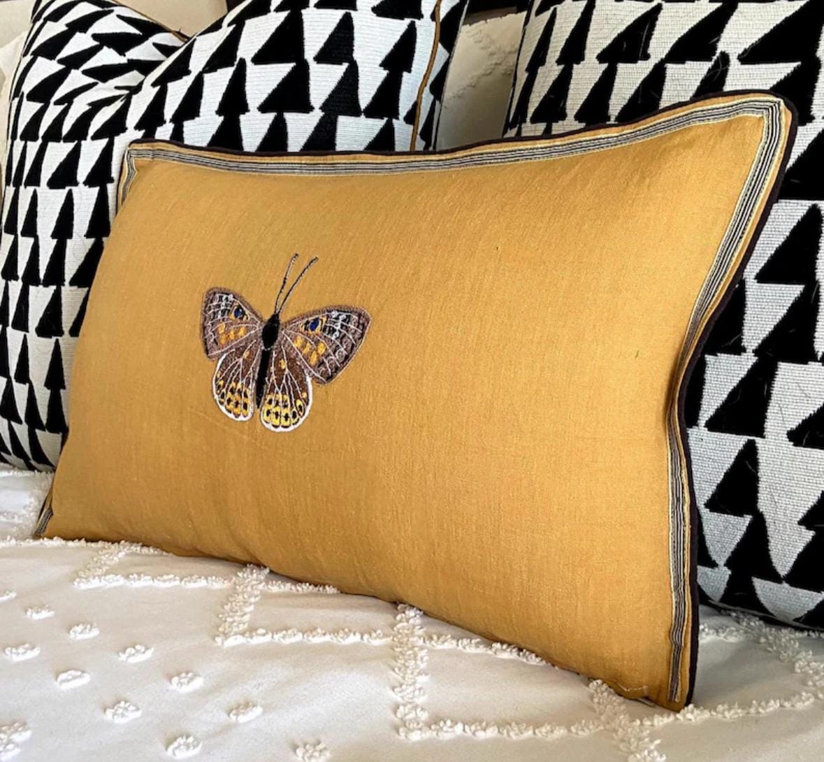 Butterfly Golden Yellow Embroidered  Linen Pillow - Embroidery Pillow