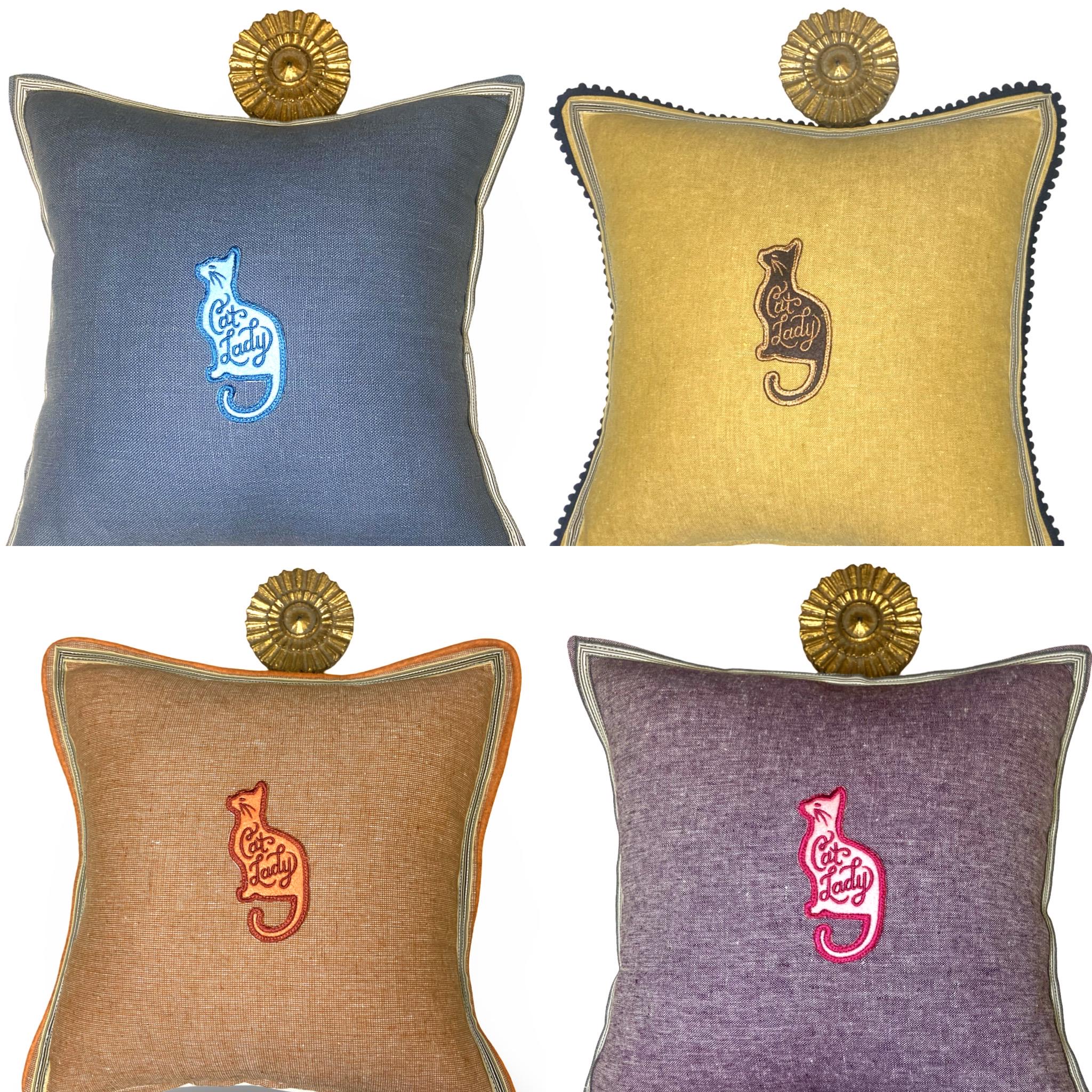 Embroidered Cat Silhouette Linen Pillow - Decorative Throw Pillow