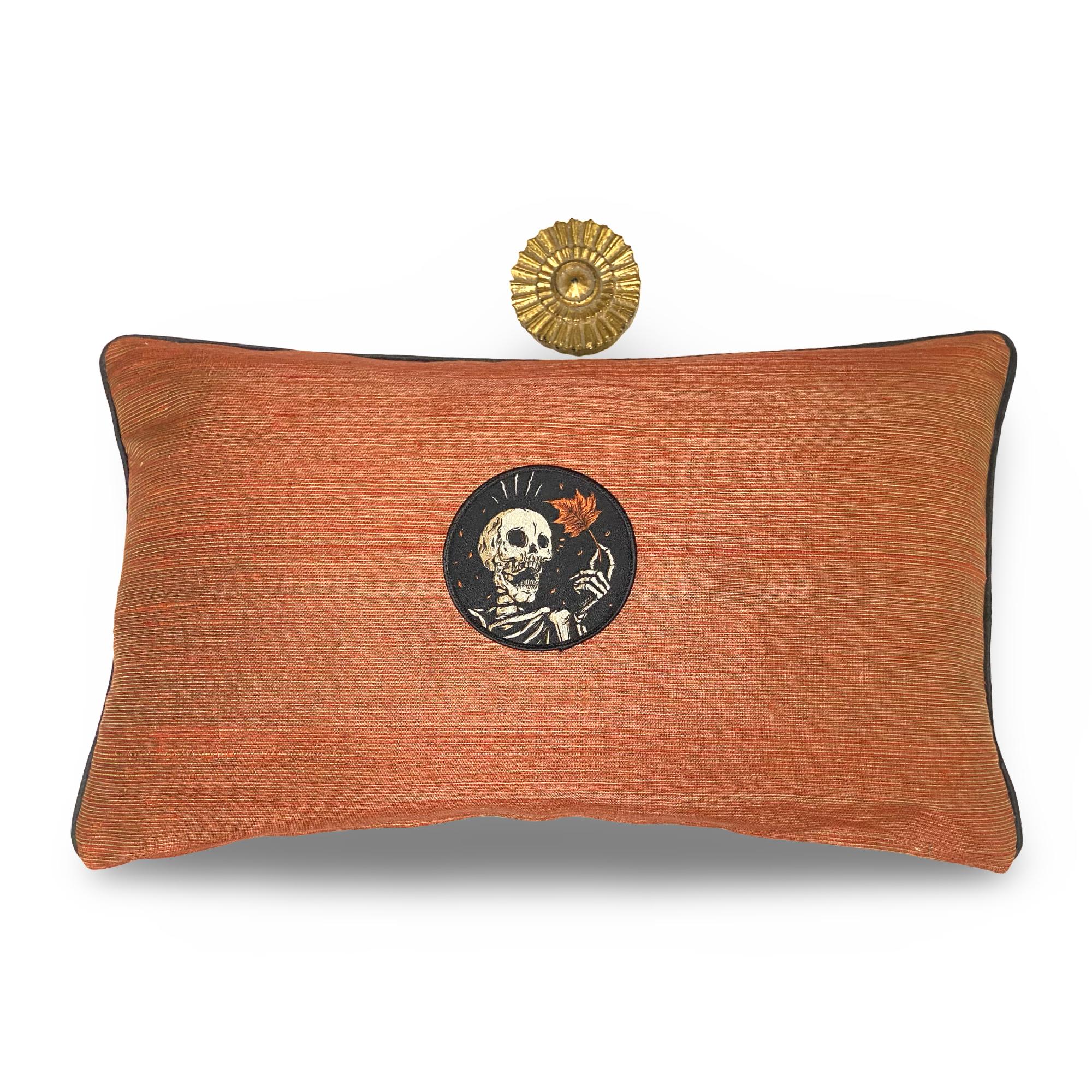 Silk Skull Skeleton Lumbar Pillow: Halloween Embroidery, Gothic Decor