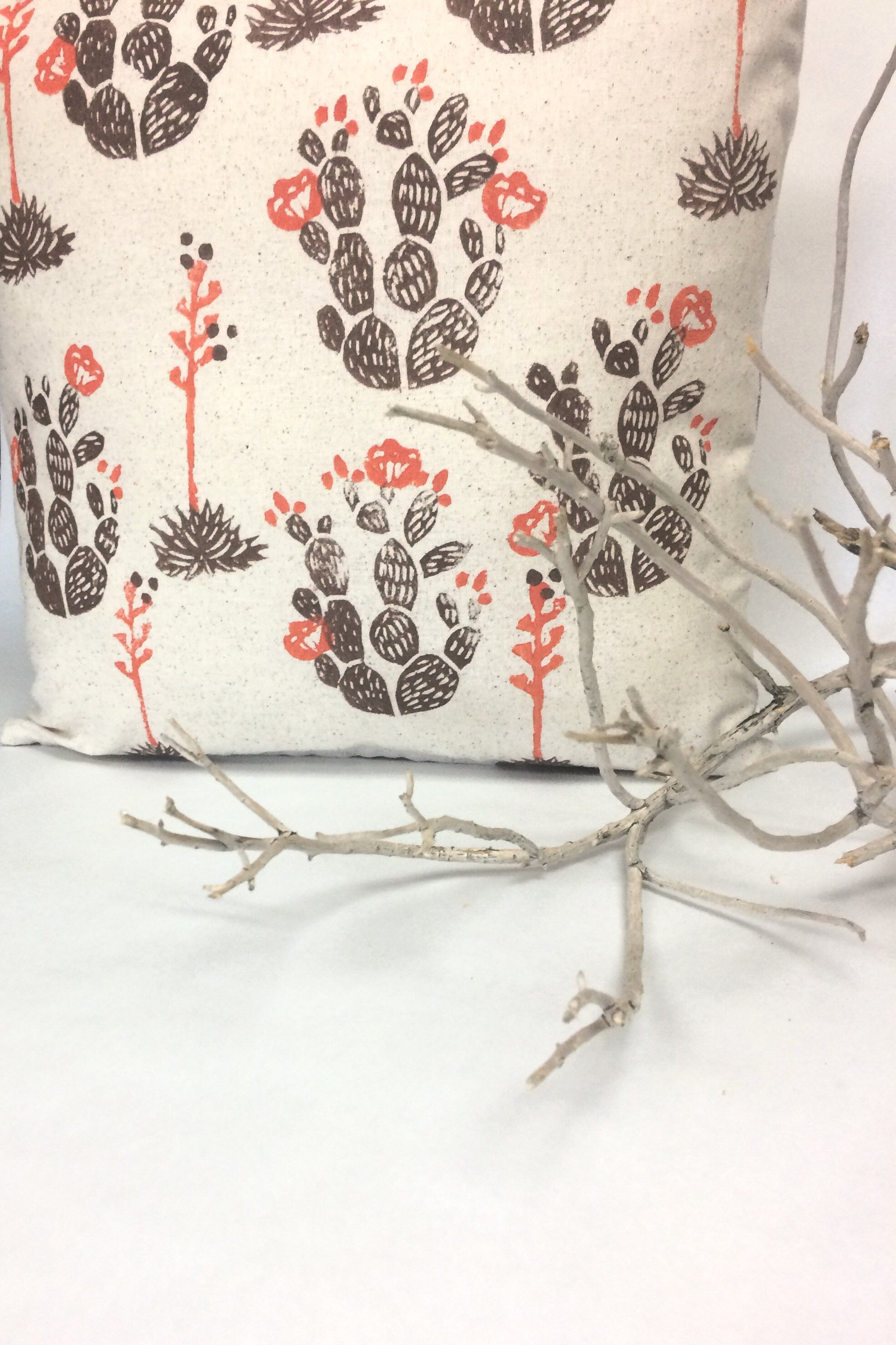 Hand Block Printed Cactus Pillow Cover: Desert Floral Design