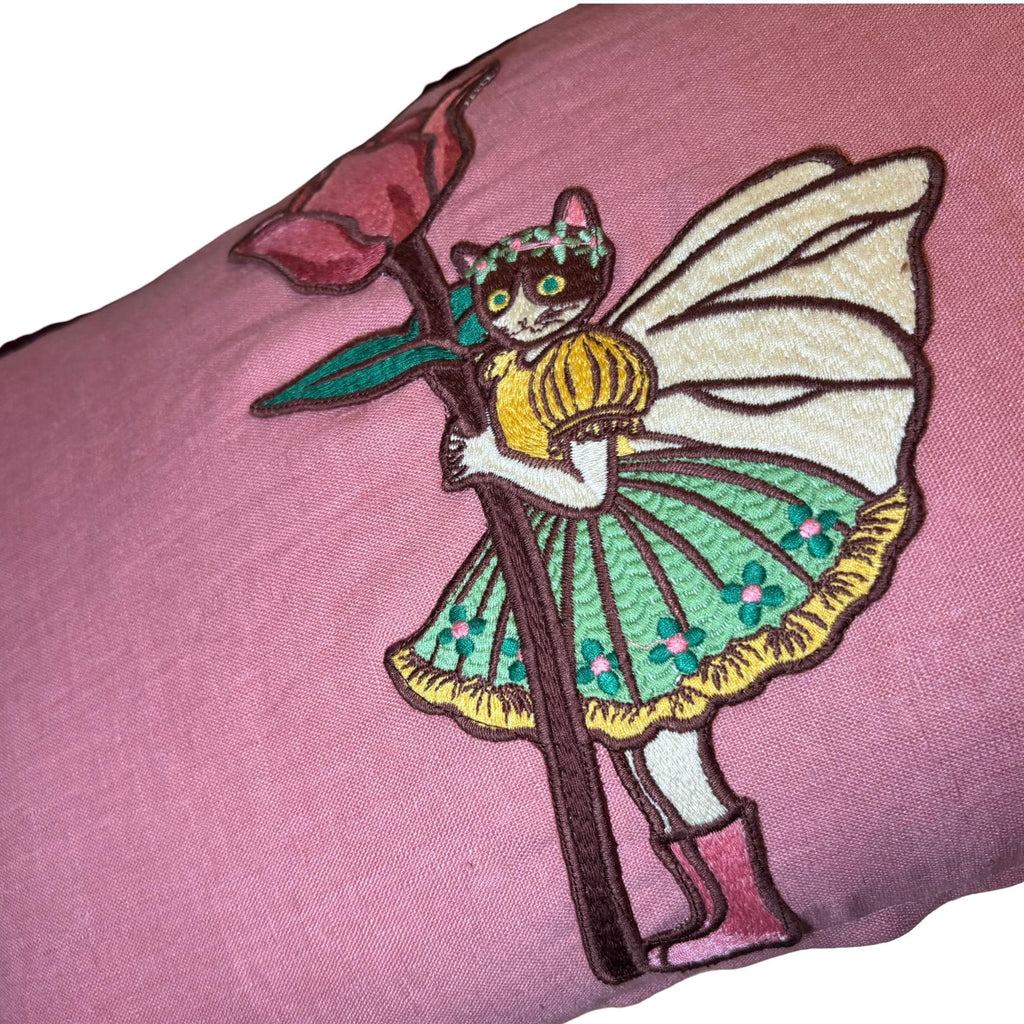 Embroidered Linen Cat Pillow – Whimsical Tulip Flower Design
