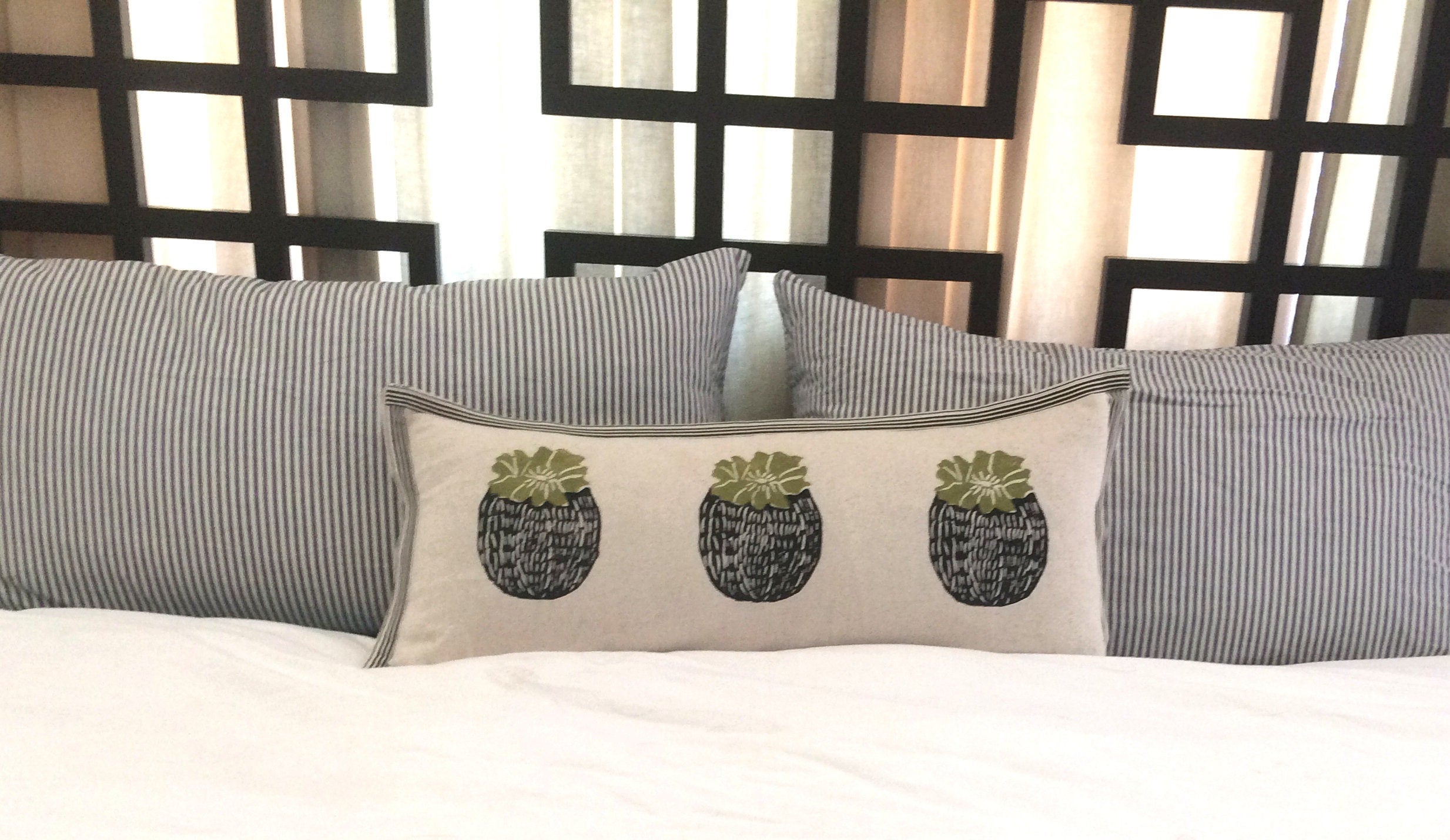 Barrel Cactus Print Kidney Pillow: Hand Block Printed Decorative Pillow