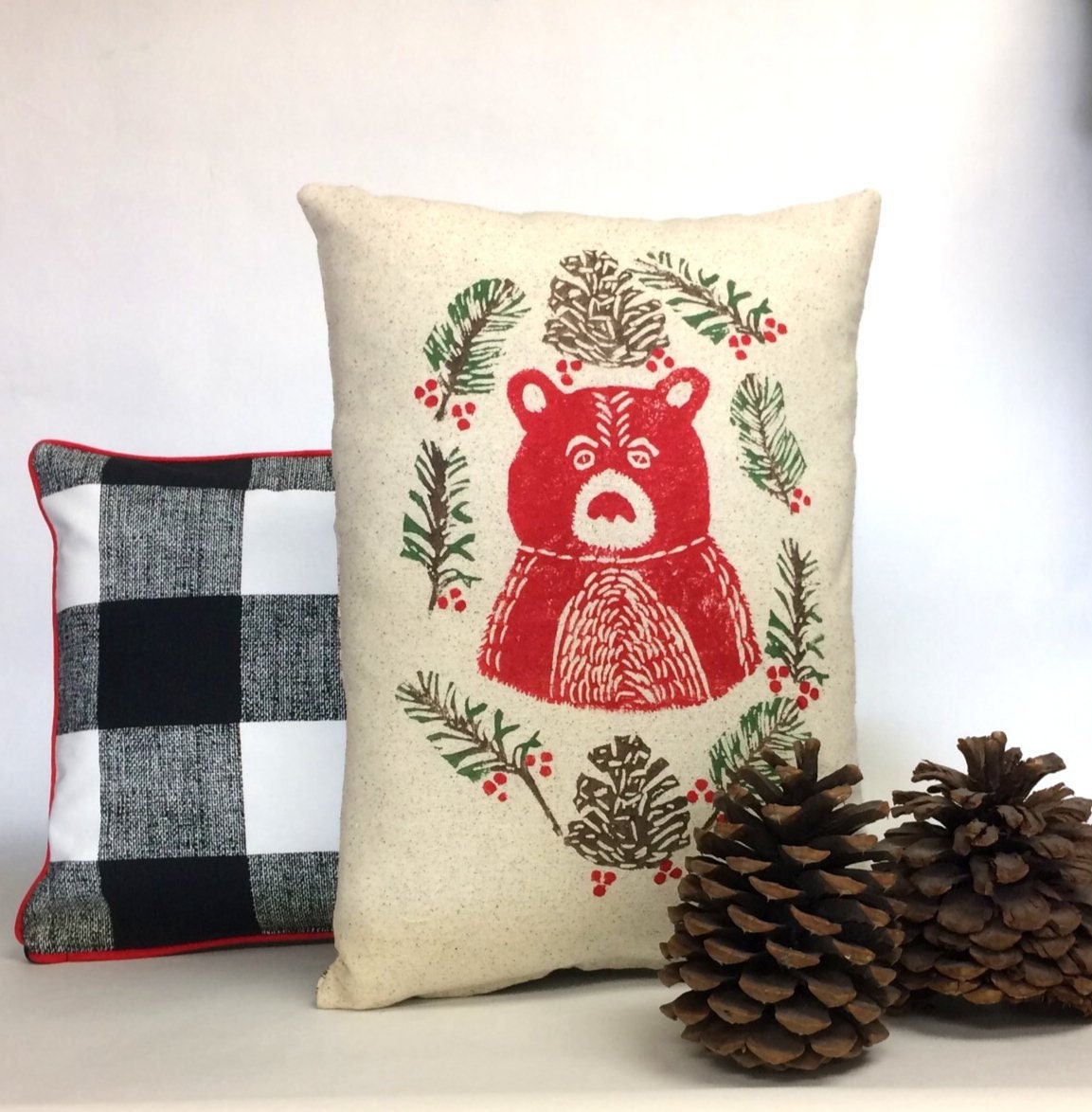 Christmas Moose or Bear Pillow: Hand Printed Woodland Decoration