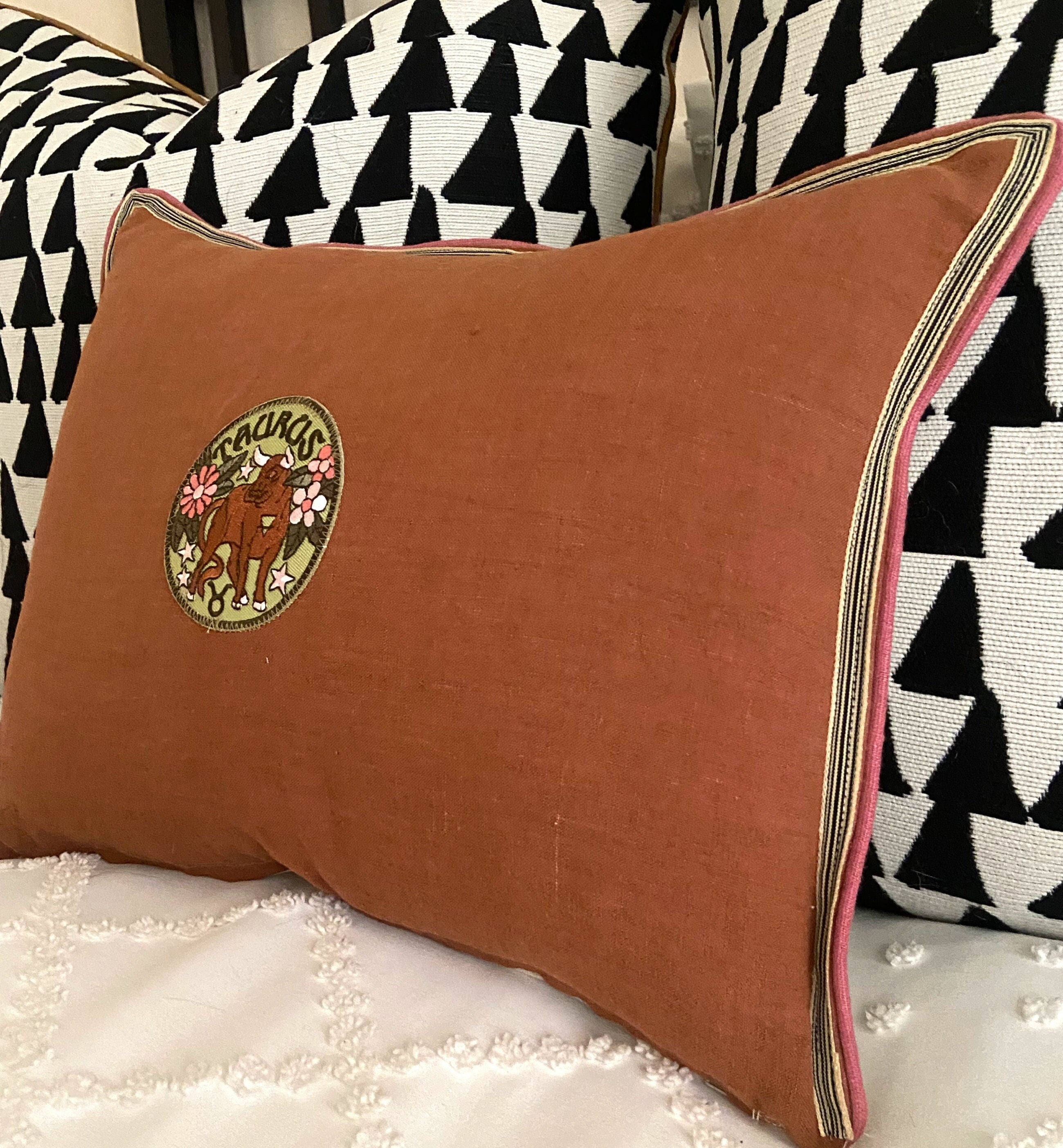 Zodiac Embroidery Linen Pillow: Caramel Brown Accent Pillow