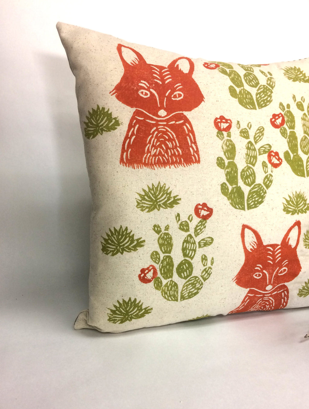 Hand Block Printed Fox Pillow: Desert Cactus Print, Beige Cotton