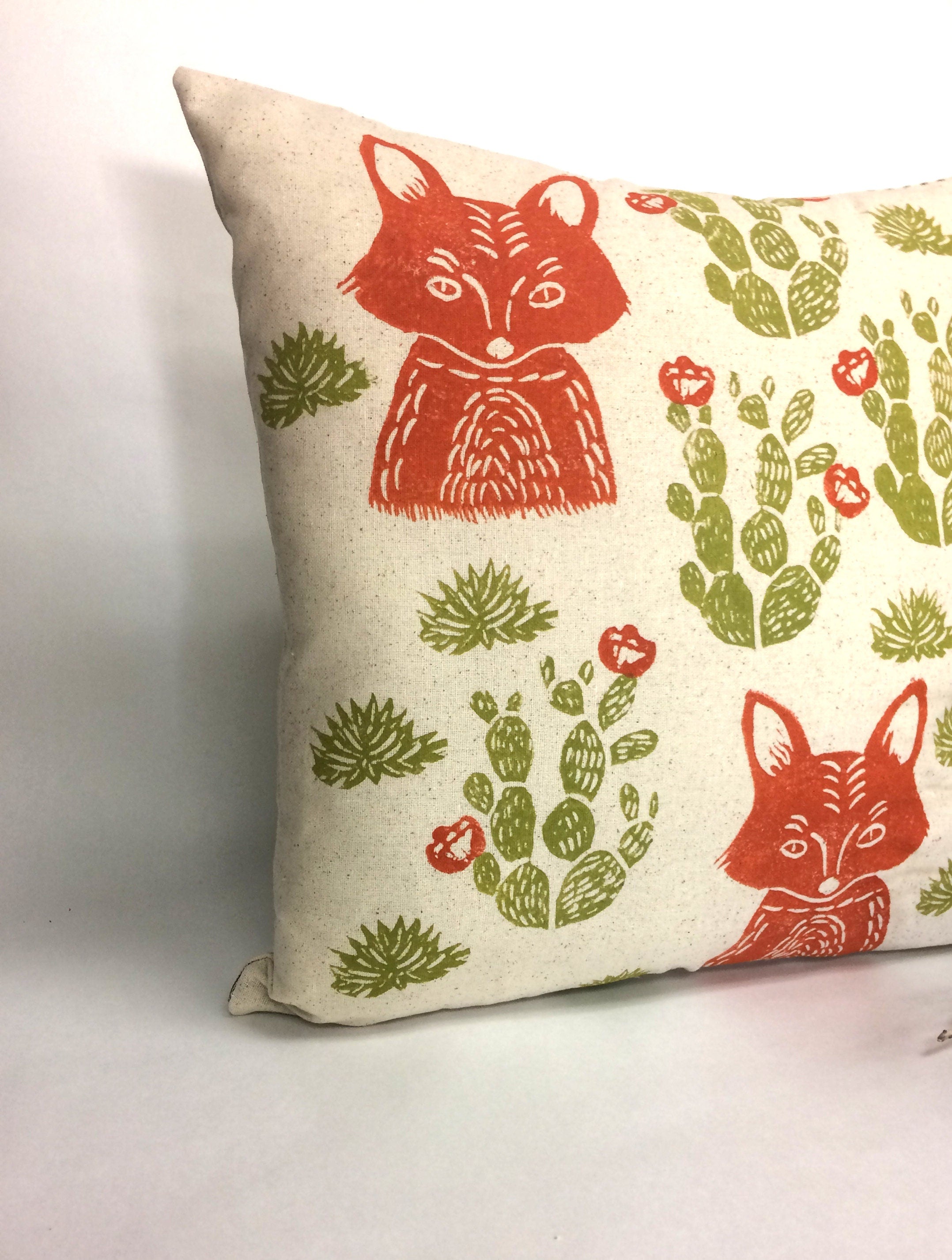 Hand Block Printed Fox Pillow: Desert Cactus Print, Beige Cotton