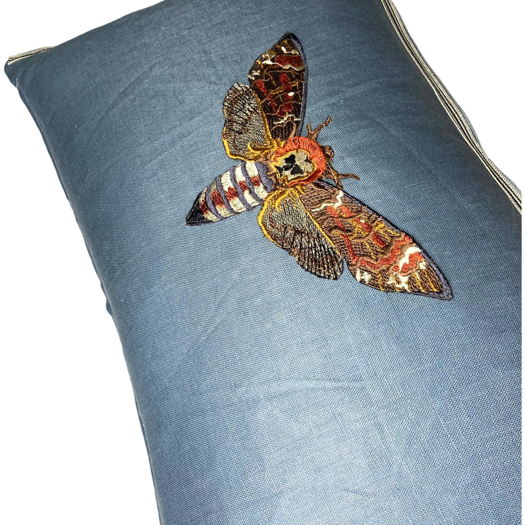 Embroidered Moth Linen Pillow: Slate Blue Decorative Lumbar