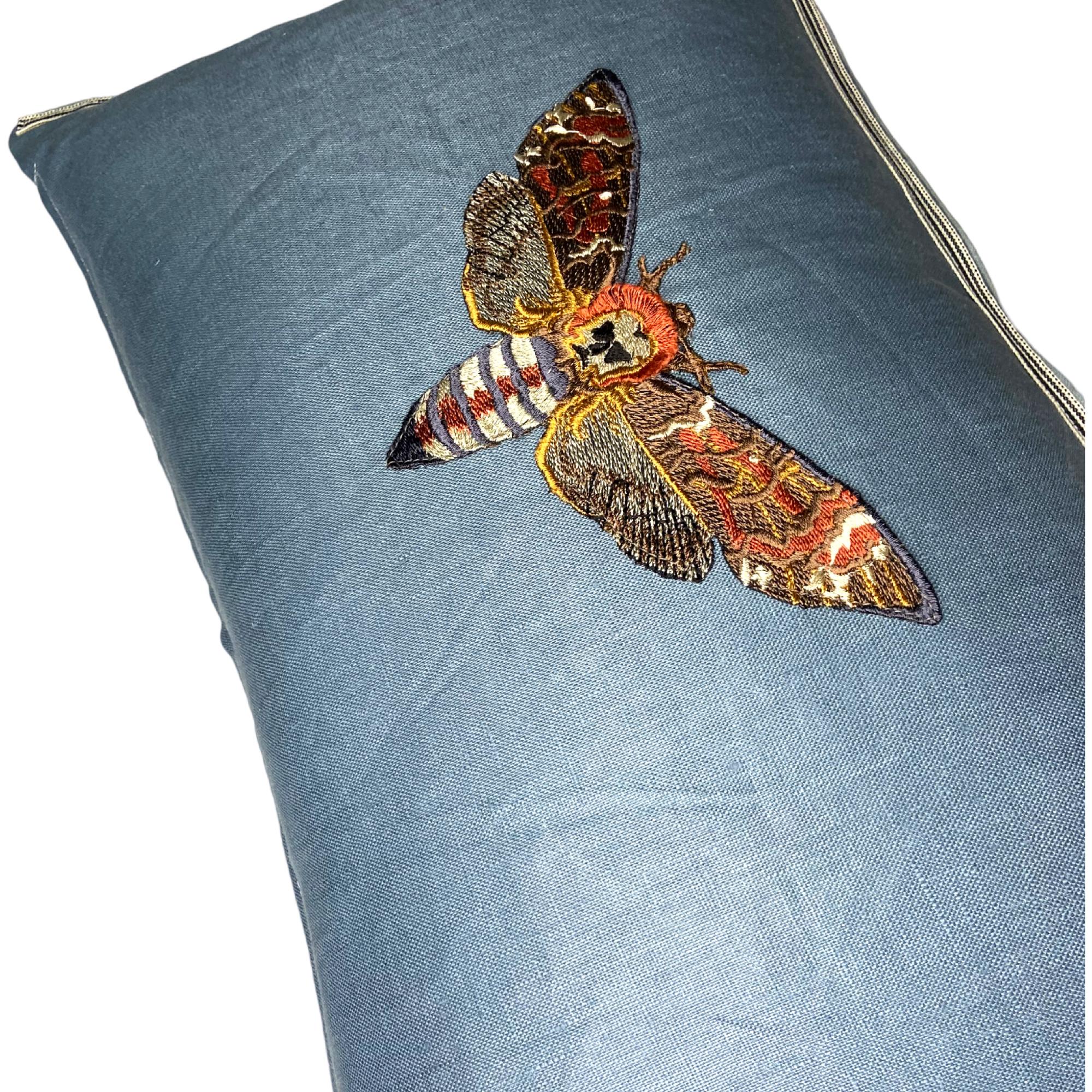 Embroidered Moth Linen Pillow: Slate Blue Decorative Lumbar