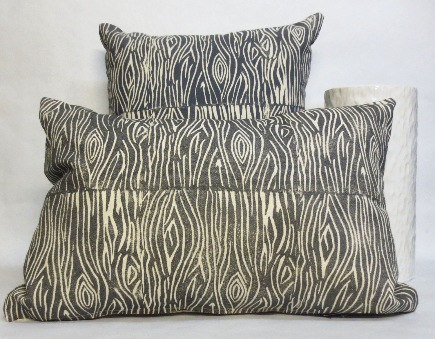 Hand Printed Wood Grain Pillow - Grey Wood Print - Woodland Collection