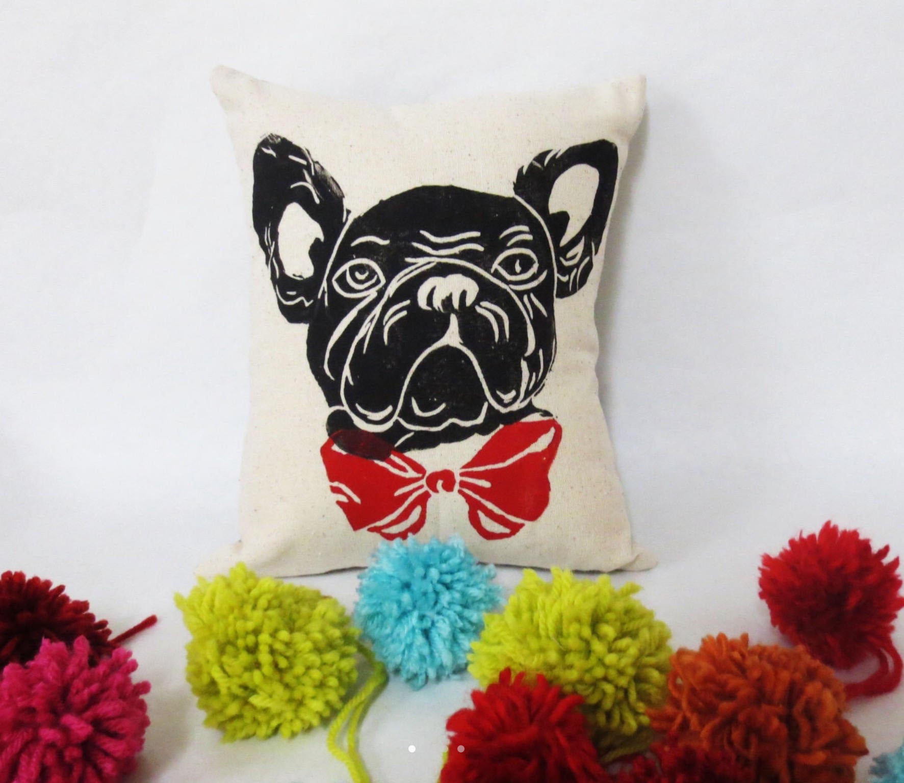 Dog Face Pillow: Hand-Printed Bow Tie Accent Pillow Cover