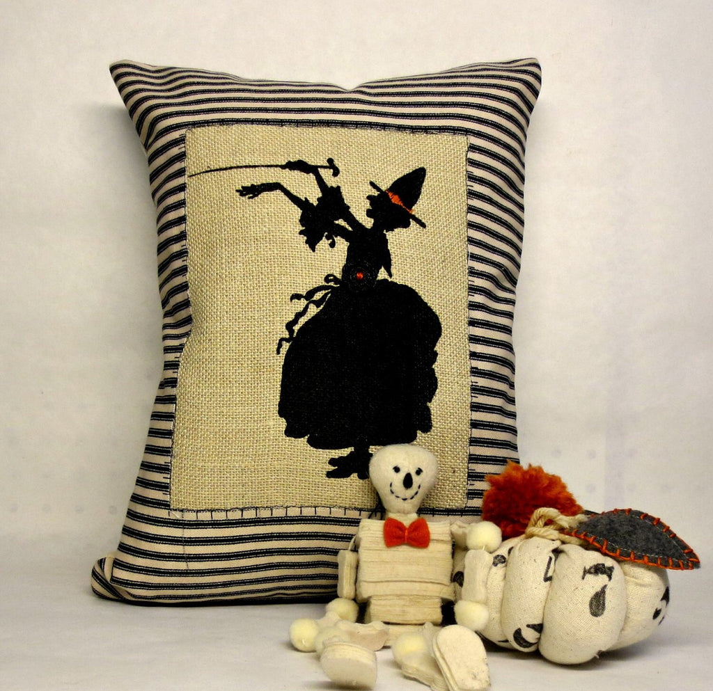 Wicked Witch Halloween Pillow: Burlap Silhouette, Orange Accents