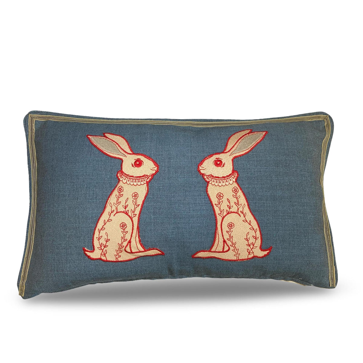 Rabbit Embroidery Pillow: Whimsical Teal Blue Fabric