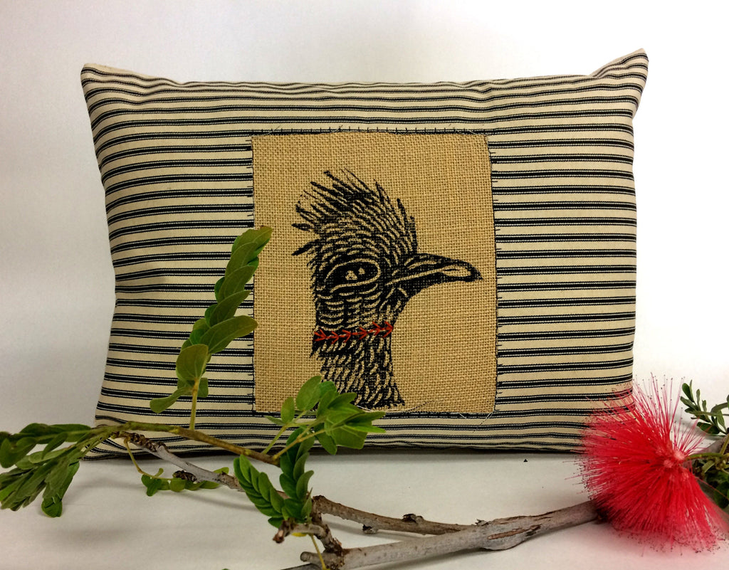 Hand Printed Roadrunner Pillow: Desert Landscape Decorative Pillow