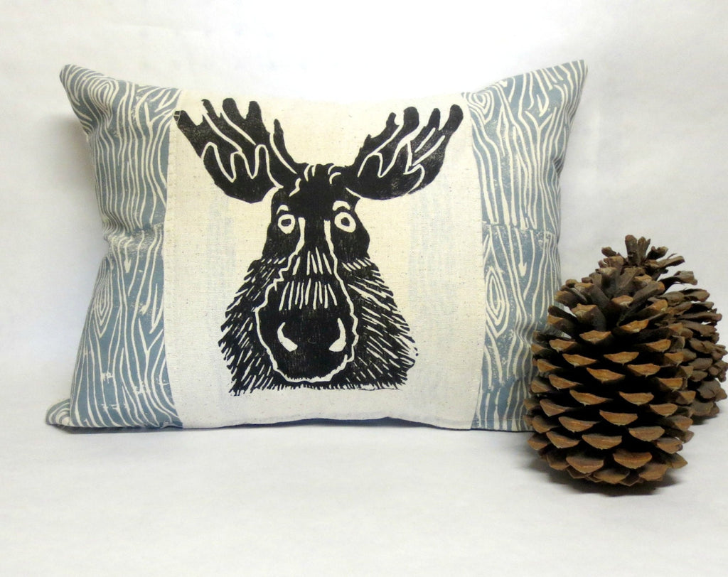 Moose Pillow: Woodland Wood Grain Print, Hand Carved