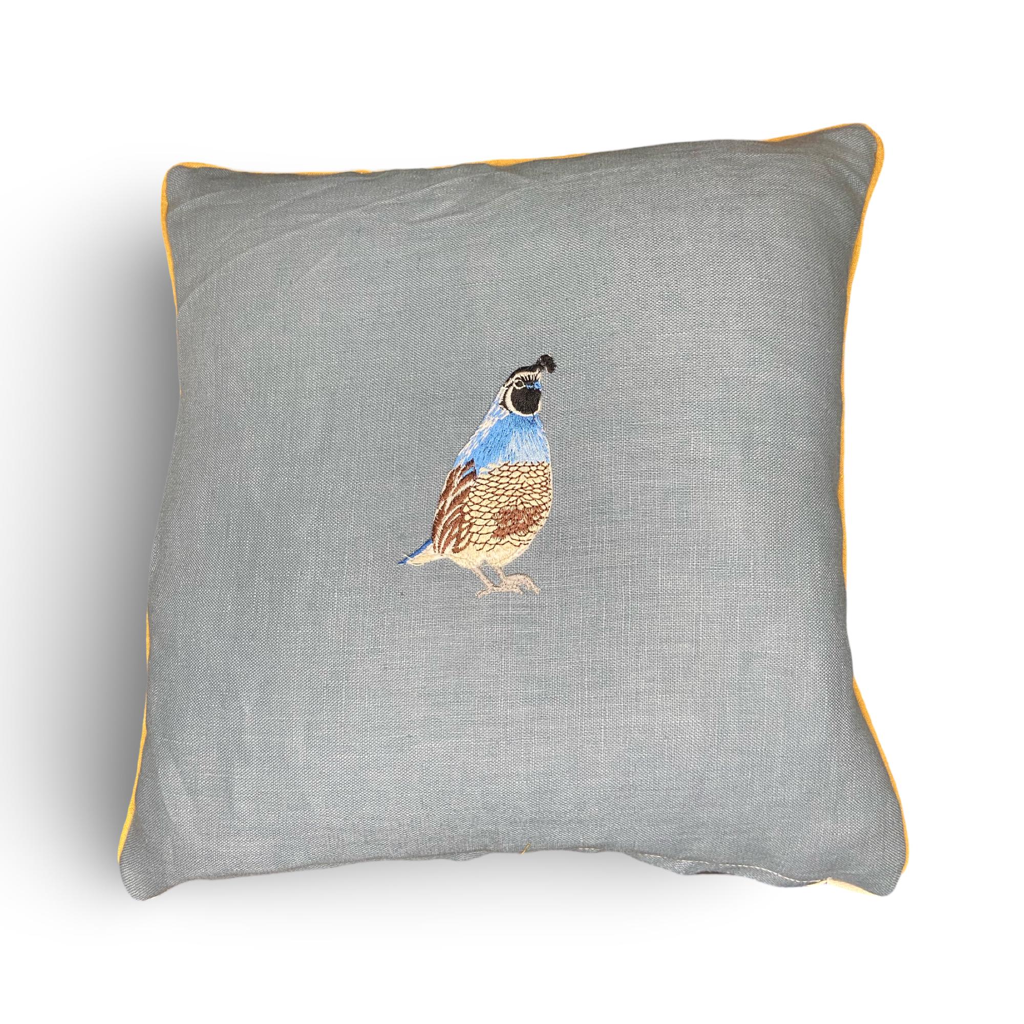 Blue Linen Beetle Embroidery Pillow - Insect Decorative Pillow