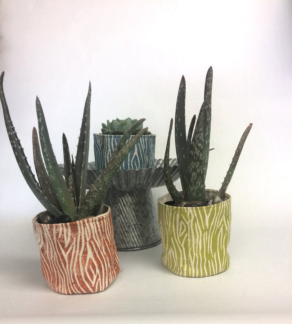 Wood Grain Print Fabric Plant Pot: Blockprinted Organic Cotton Sleeve