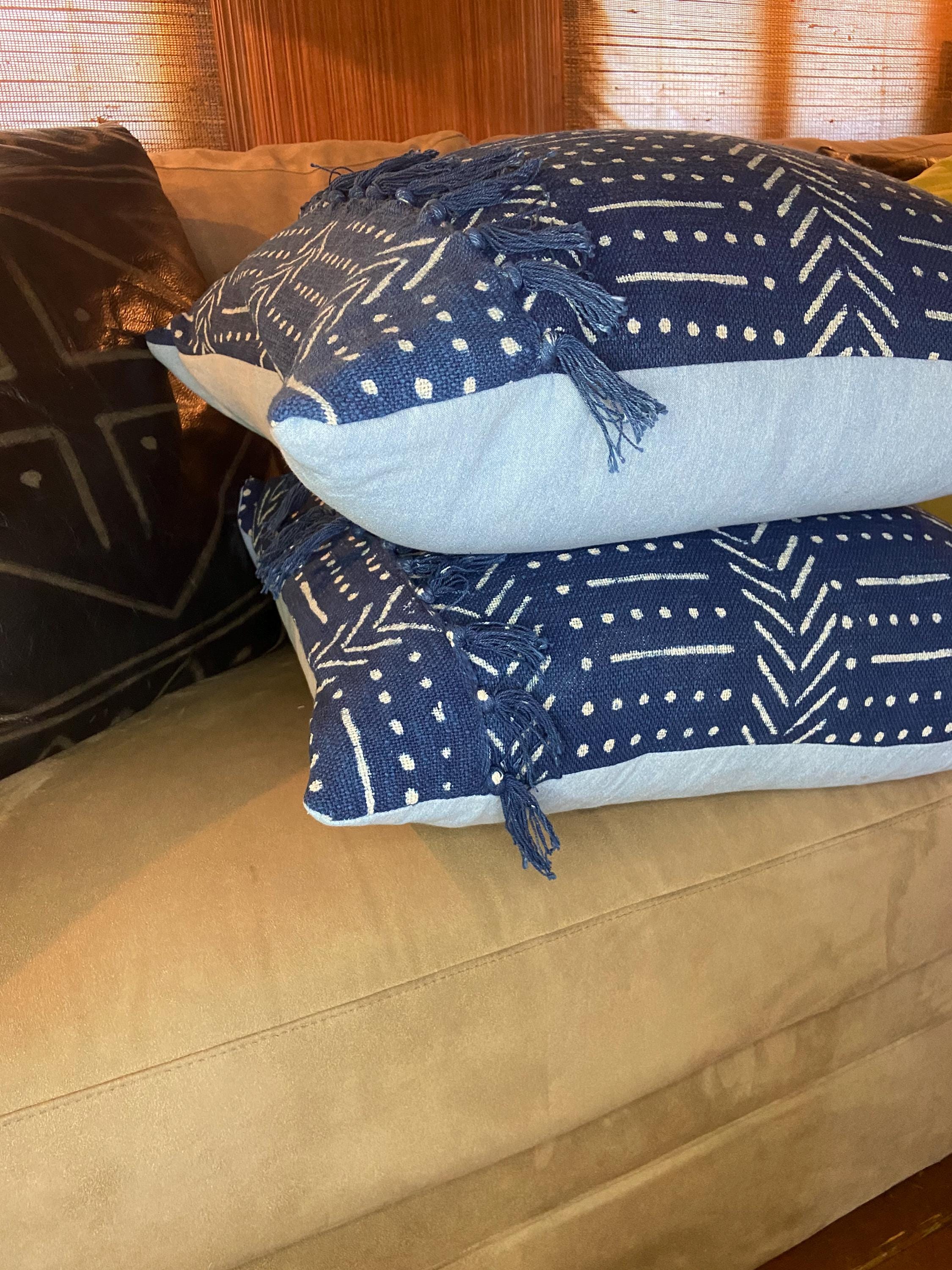 Authentic African Mudcloth Pillow Cover – Indigo Shibori Abstract Design, Fringe Detail