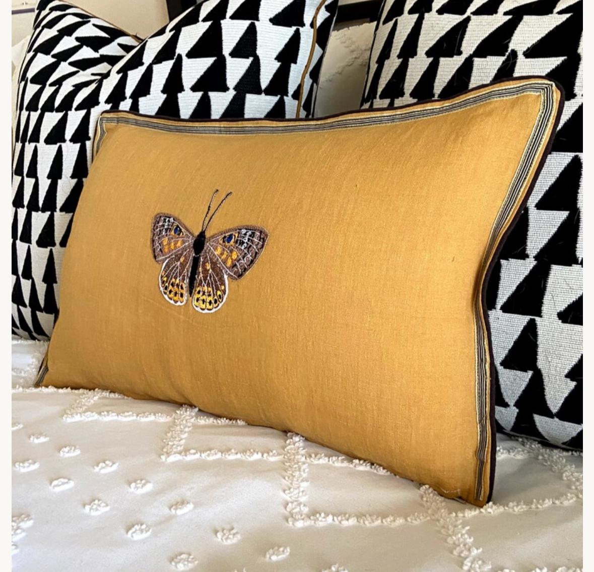 Butterfly Golden Yellow Embroidered  Linen Pillow - Embroidery Pillow