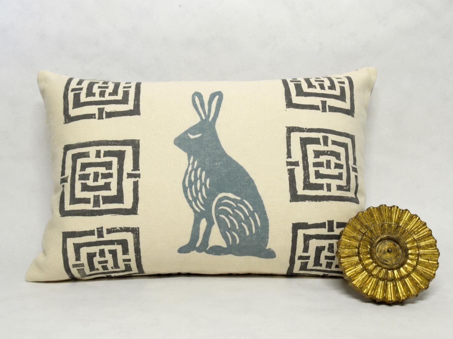 Mid Century Rabbit Pillow: Orange Hare Block Print