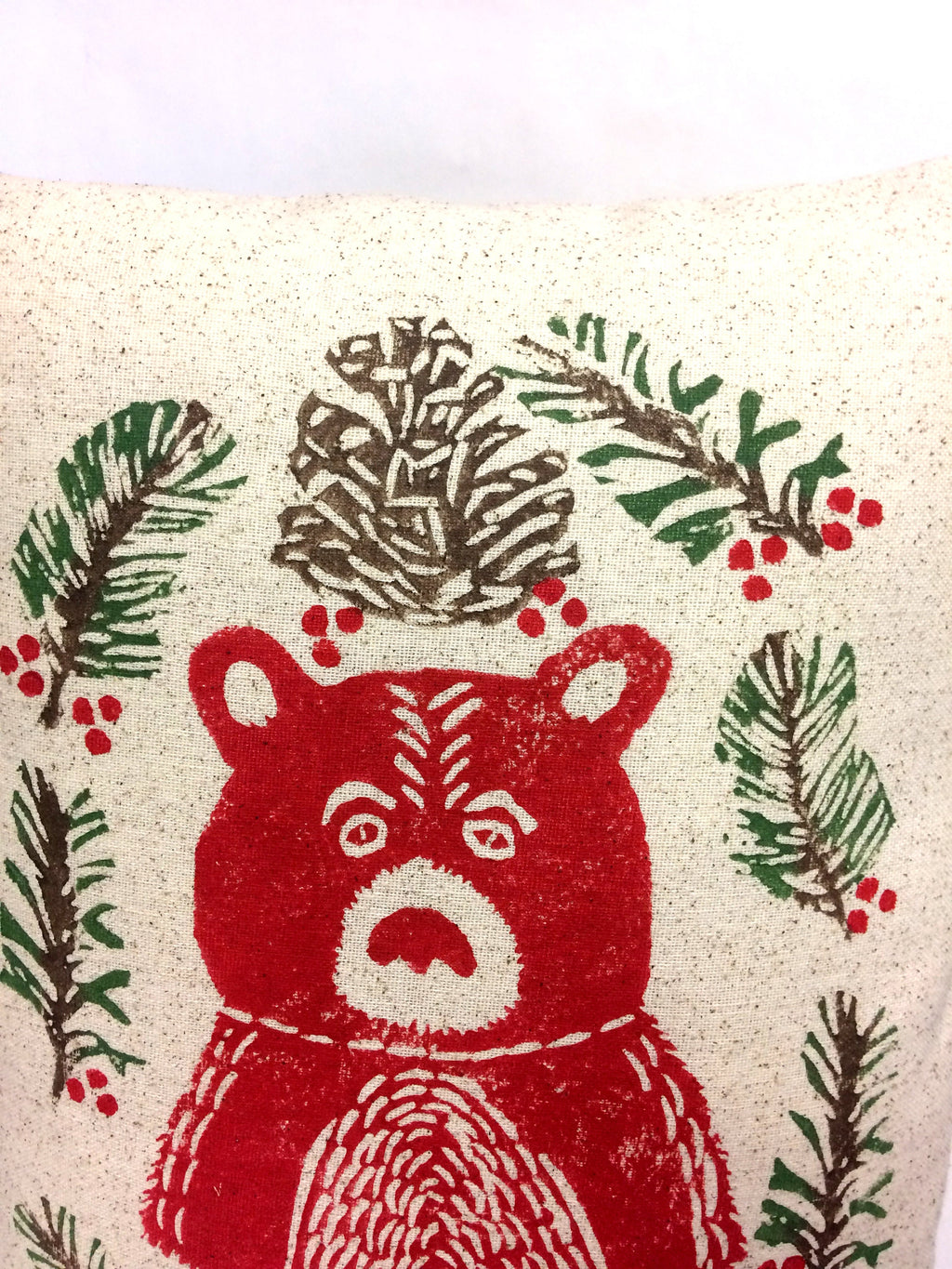 Christmas Moose or Bear Pillow: Hand Printed Woodland Decoration