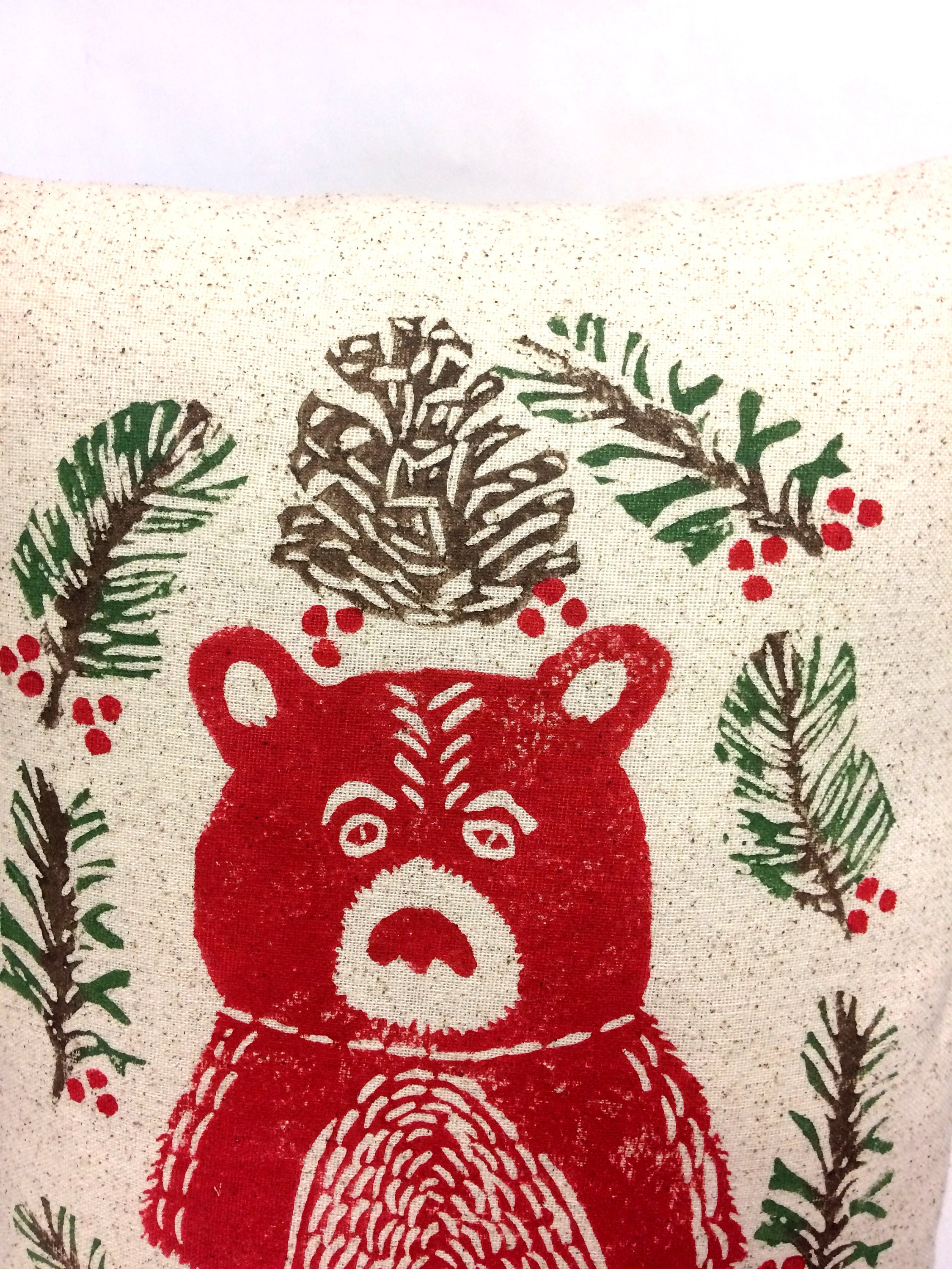 Christmas Moose or Bear Pillow: Hand Printed Woodland Decoration