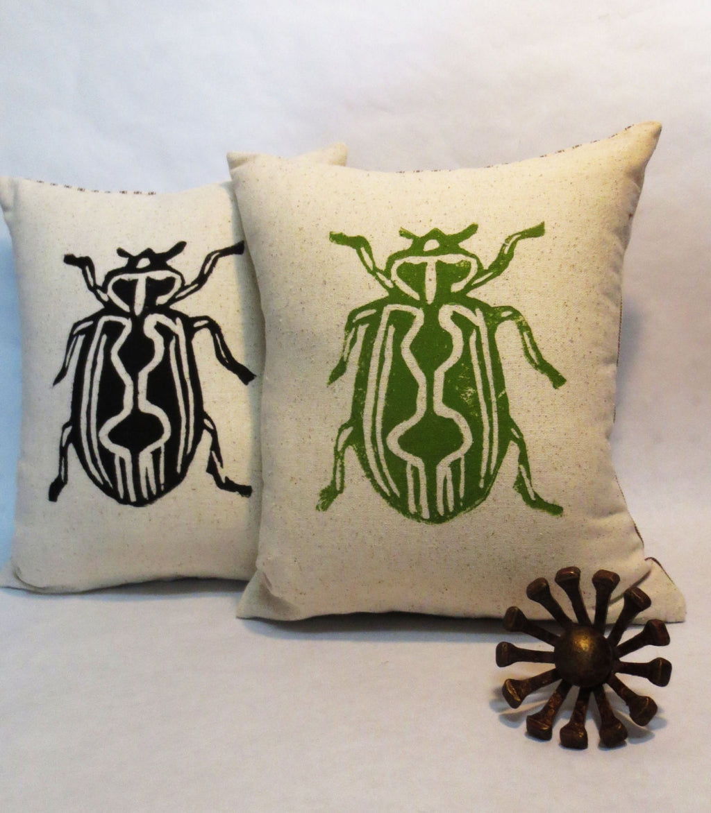Hand Block Printed Beetle Insect Pillow / s Day Gift